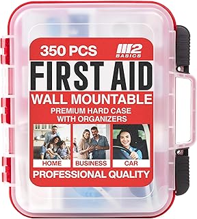 M2 BASICS Professional 350 Piece First Aid Kit, Wall Mountable Dual Layer Hard Case for Business, Home, Car, Vehicle & Work