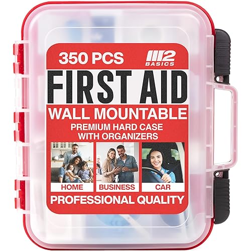 M2 BASICS Professional 350 Piece First Aid Kit, Wall Mountable Dual Layer Hard Case for Business, Home, Car, Vehicle & Work