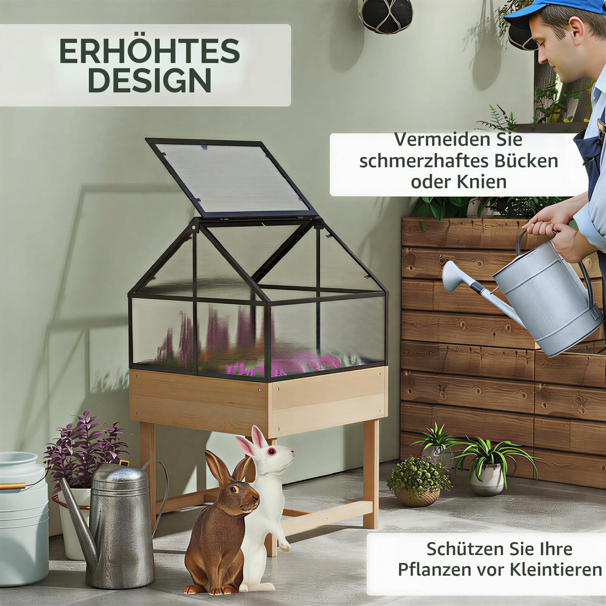 Outsunny Mini-Gewächshaus auf Füßen mit doppeltem, zu öffnendem Dach, erhöhtem Pflanzkasten, Polycarbonat-Paneelen und Gestell aus Stahl und behandeltem Tannenholz, 60 L x 57 B x 103 H cm