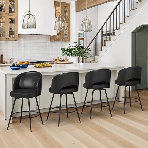 Miniatura 7 de LUE BONA Juego de 3 taburetes de bar giratorios de 26 pulgadas de alto, taburetes de bar con respaldo, almohada lumbar y marcos de metal negro,