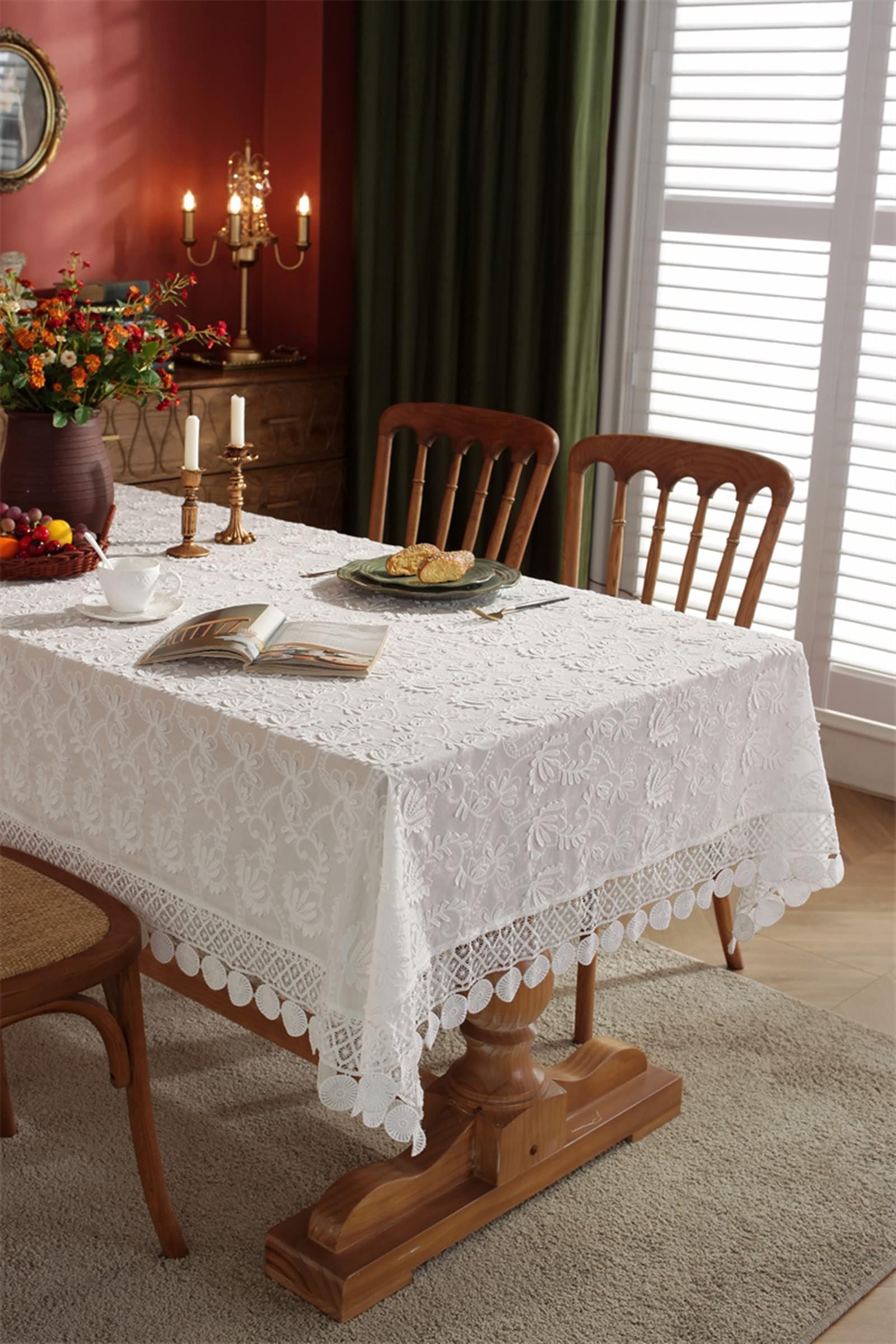 Daesar Mantel para Mesa de Centro Rectangular,Manteles Mesa Algodón Bordado de Flores con Encaje Manteles de Mesa Blanco,150x260CM(102x59Inch)