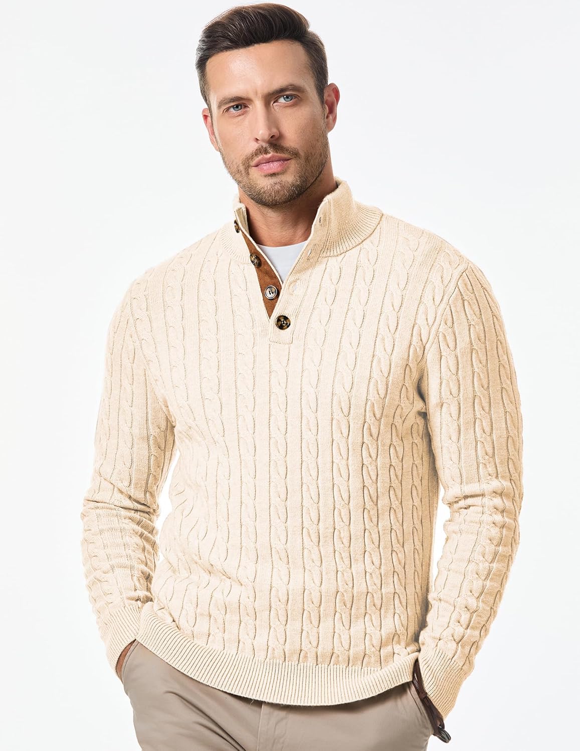 JMIERR Men's Cable Knit Pullover Sweater Casual Long Sleeve Stand Collar Button Knitted Sweaters - Image 2