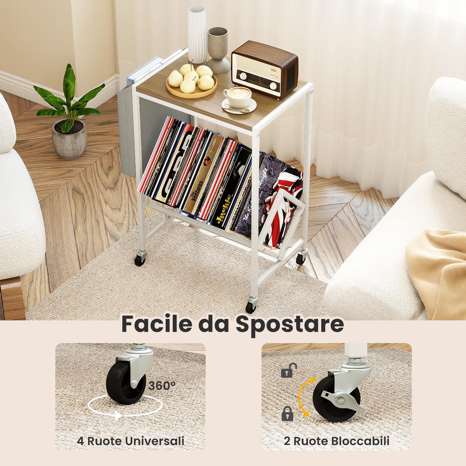 COSTWAY Supporto per Giradischi, Porta Dischi Vinili in Legno e Metallo, Mobile con Tasca Organizer e Ruote, Fino a 200 Album, per Soggiorno, Studio e Camera da Letto (Naturale + Bianco)