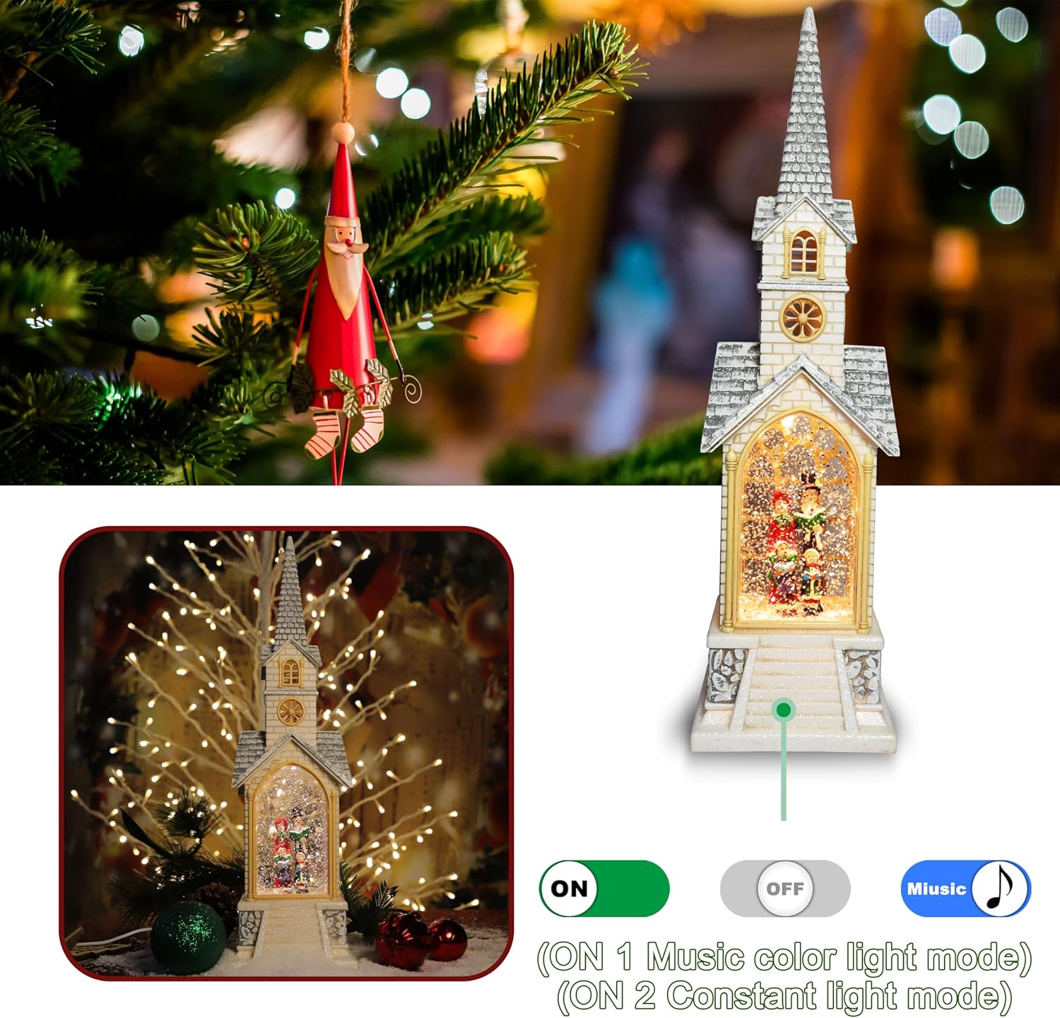 LAMPHOME Christmas Church Snow Globe Lantern Christian Church Snow Globe Christmas Carolers Snow Globes for Christmas Decorations Lighted Water Lantern Church with Carolers in Swirling Glitter Water