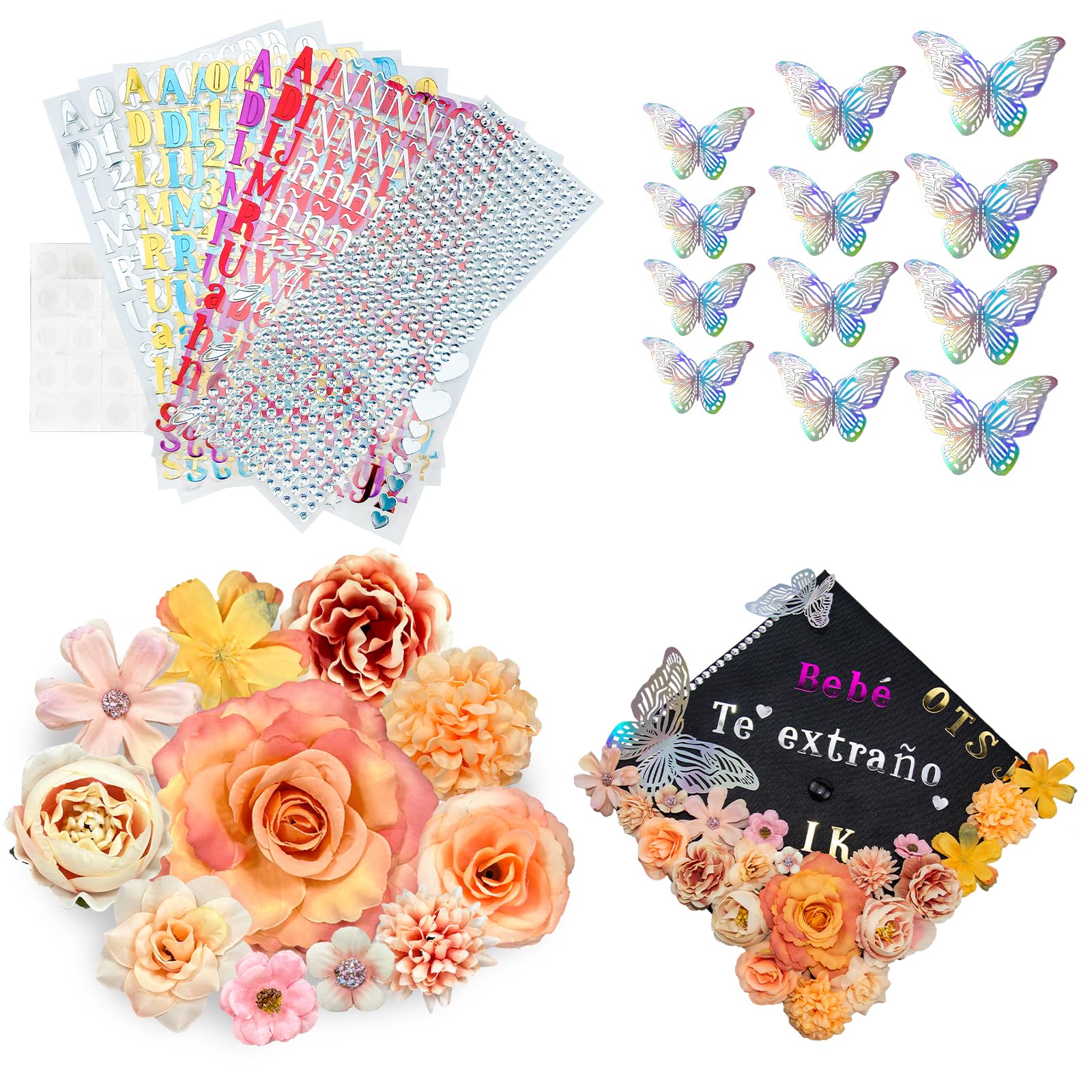 RAOVCUS Orange DIY Graduation Cap Decorations Kit, 3D Artificial Flowers for Grad Hats Decor, Gorros De Graduacion 2025 Decoracion, Rhinestones for