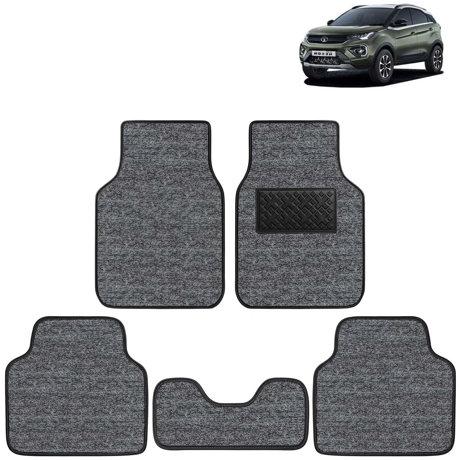 KINGSWAY Accessories Premium Carpet Floor Mats for Your Car Compatible with Tata Nexon (Year 2020-2023) – Complete Set of 5 Pieces, Universal Fit PVC Spike Grass All Weather Foot Mat, Grey Black
