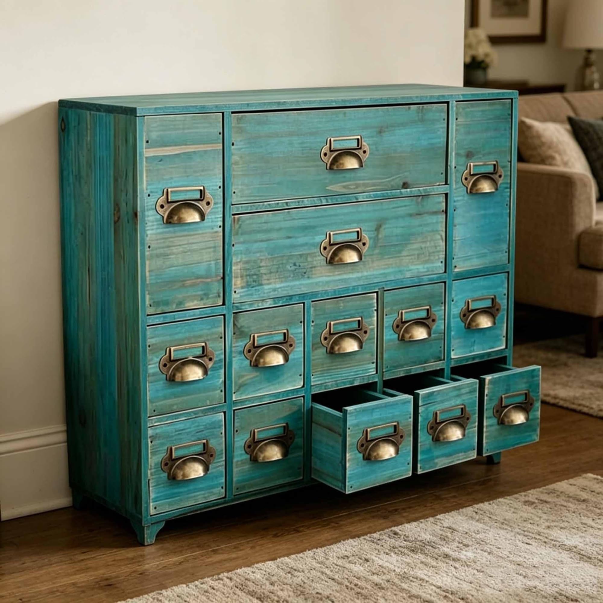 14-Drawer Apothecary Cabinet, Modular Desk Organizer with Metal Handles, Retro Storage Organizer, Herb Storage Box for Pharmacies, Office, Home(Blue)