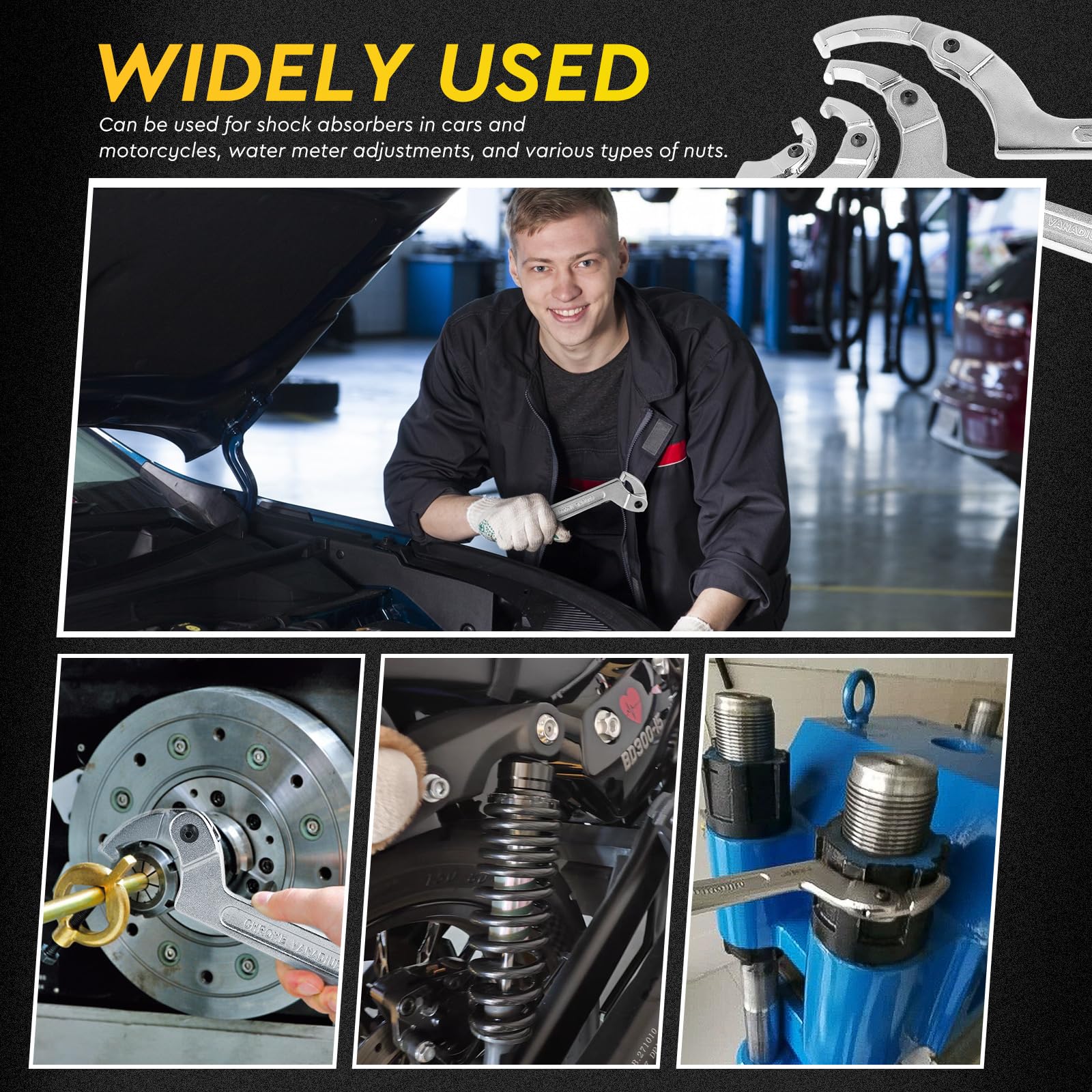SWAWIS Confezione da 4 Testa Quadrata C Chiave a Gancio Regolabile 19-170mm, Acciaio al Cromo Vanadio, per Ammortizzatori di Motociclette Contatori dell'Acqua Attrezzature Meccaniche