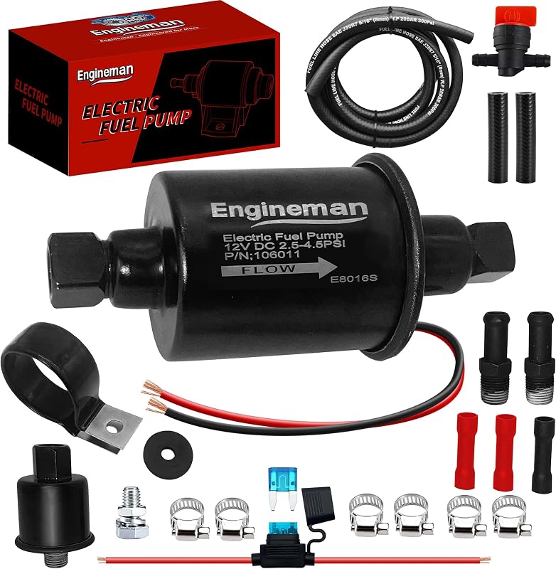 Bomba elétrica de combustível ENGINEMAN 12 V 2,5–4,5 PSI para carburador – Kit com mangueira de 2 m