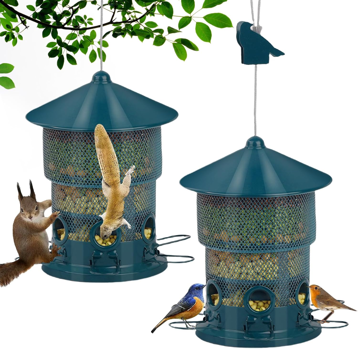 Outdoor Hanging Bird Feeder Squirrel Proof, 6 Feeding Ports with 360°Chew Proof Metal Guard, Ideal for Cardinals Finches Chickadees and Wild Birds,All Weather Metal Bird Feeder