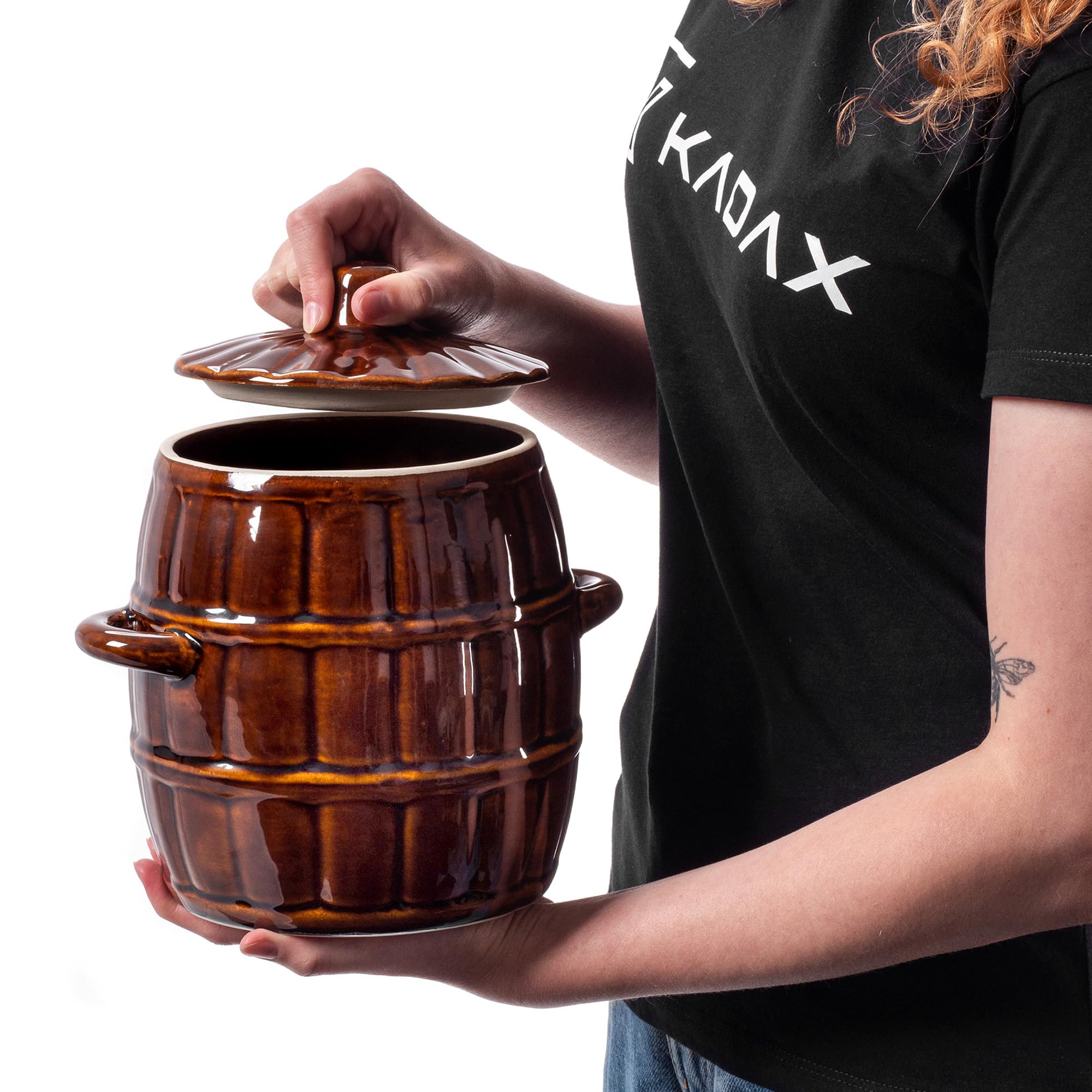 KADAX Garnek kamionkowy do kiszenia 3,2 l, szczelna pokrywa ogranicza dostęp powietrza, kamionka stabilizuje temperaturę i chroni przed światłem, do fermentacji ogórków i kapusty