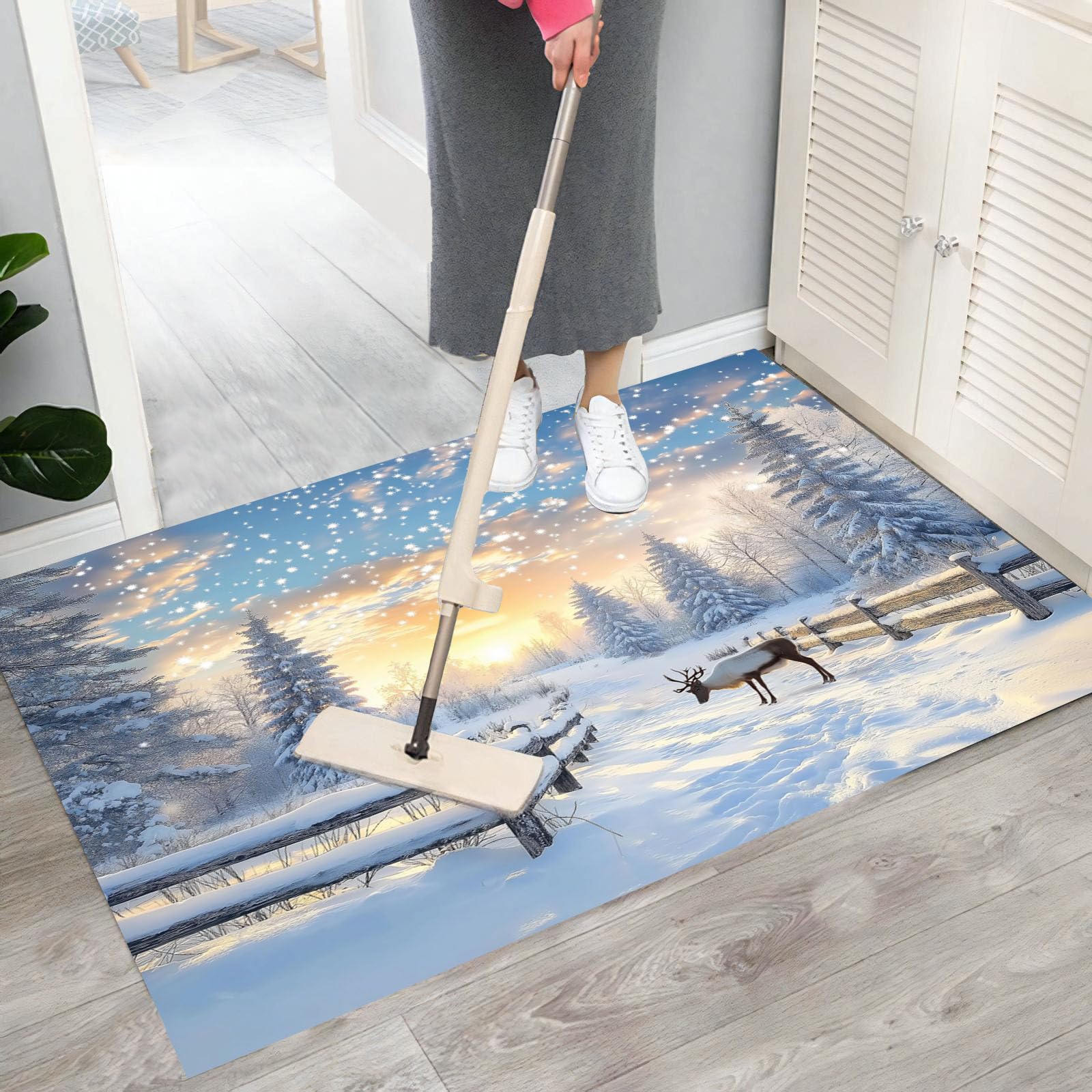 Felpudo De Navidad, Alfombra Copos De Nieve Al Atardecer para Entrada Casa 90X150Cm, Alfombra De Puerta De Entrada, Felpudos Lavables Patrón De Bosque De Renos Azul Cielo, Decorativo Casa
