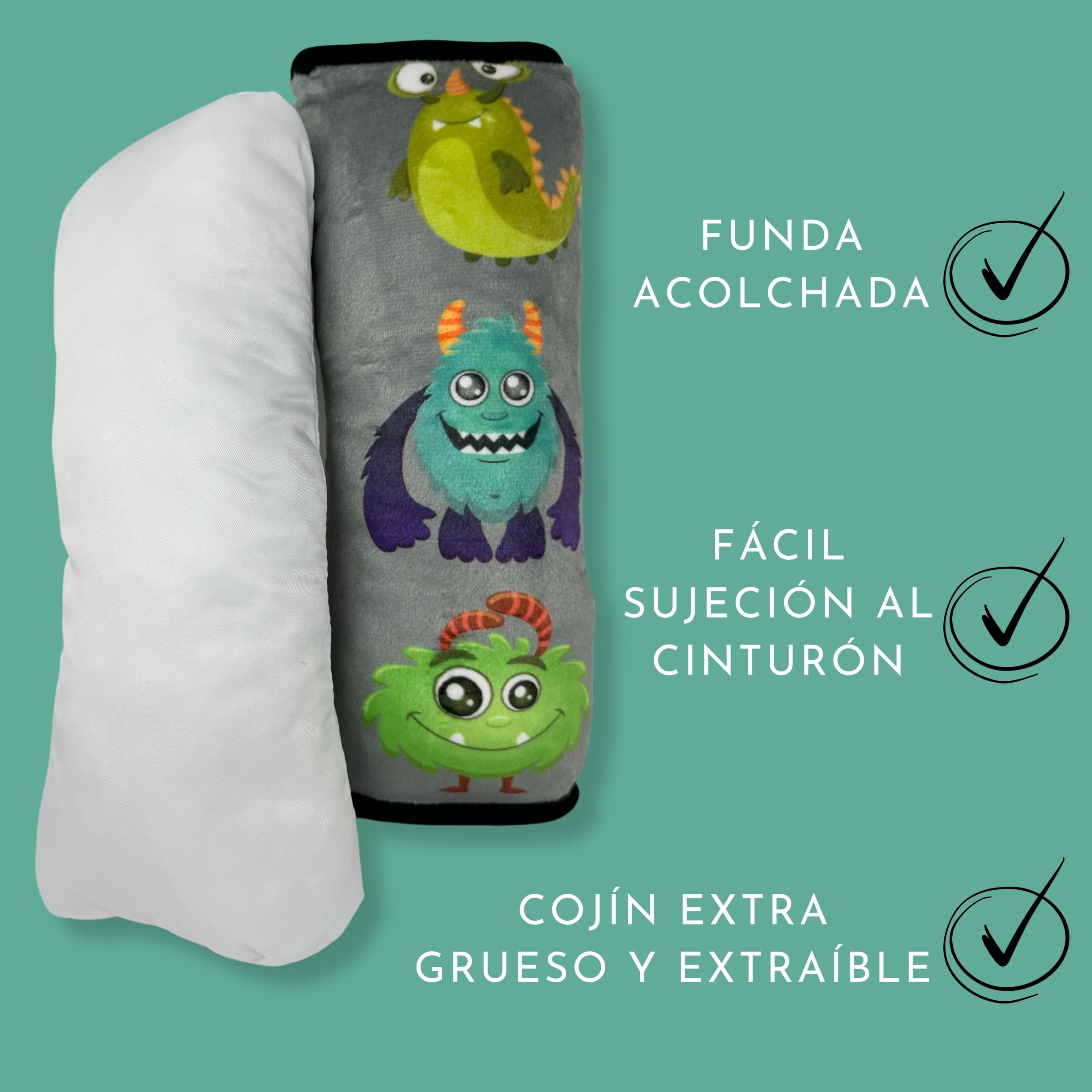 HECKBO Almohadilla para coche con dibujos de monstruos para niños - lavable a máquina suave, tacto de peluche, almohadilla cinturón de seguridad — view 4