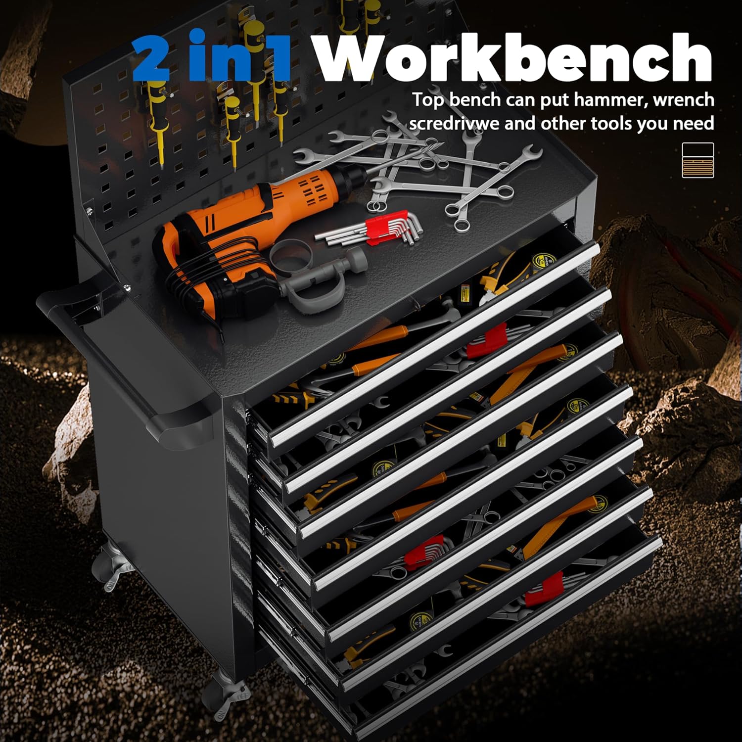 INTERGREAT 7 Drawers Rolling Tool Chest with Pegboard, Metal Tool Chest with Drawers, Tool Storage Cabinet with Wheels for Garage, Workshop, Repair Shop, Black