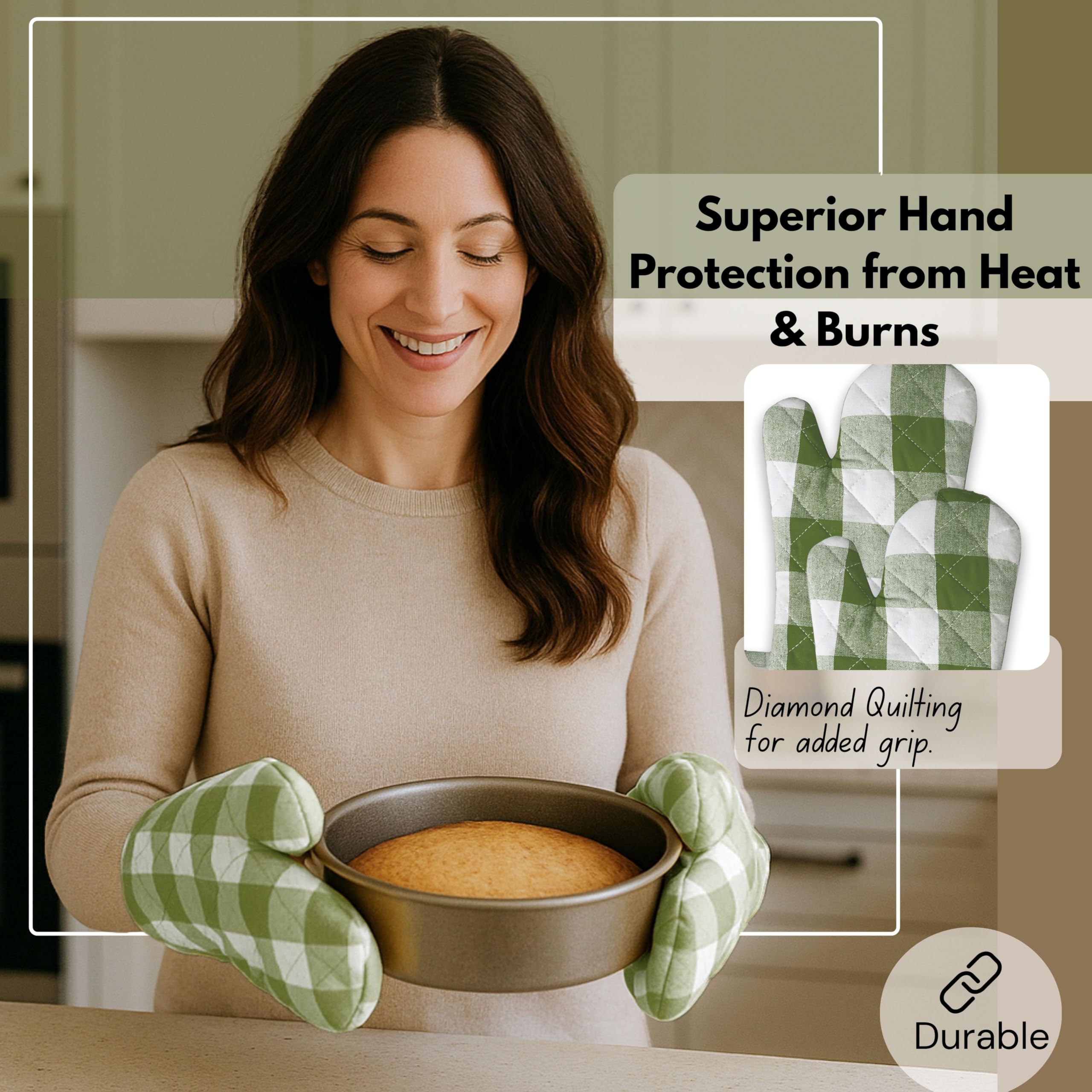 Native Fab Buffalo - Juego de 4 manoplas de horno y soportes para ollas, 100% algodón, resistentes al calor, 2 guantes de horno (7 x 13), 2 soportes para ollas (8 x 8) para cocinar y hornear, verde
