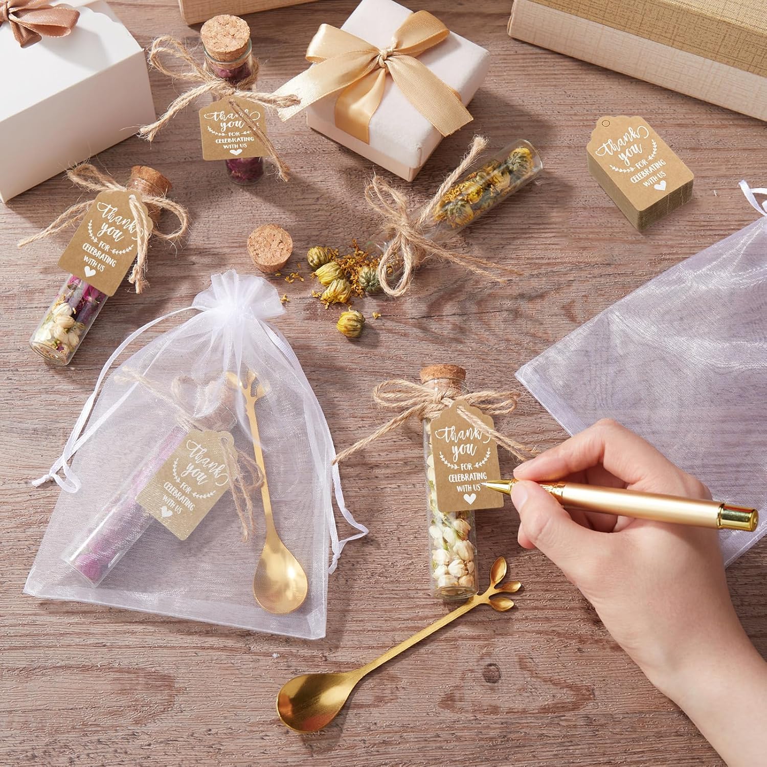 Hoolerry 48 Set Tea Party Favors Bulk Rustic Wedding Favor for Guest with 4.3'' Glass Tea Jar Stainless Steel Teaspoon Gift Tag Drawstring Organza Bag and Rope, Thank You Gift for Wedding Tea Party