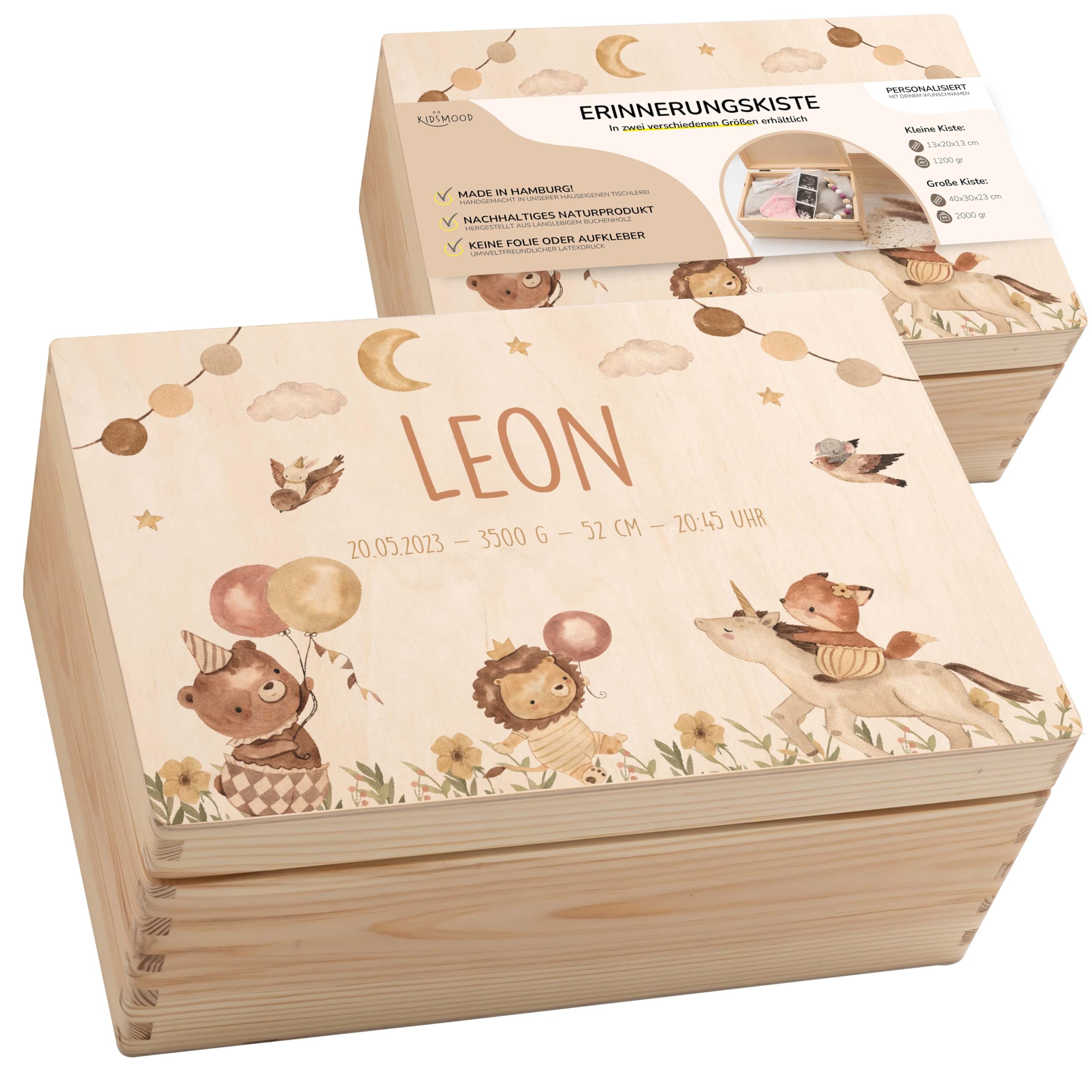 KIDSMOOD - Erinnerungsbox Baby, personalisierte Holzkiste mit Deckel, Ideal zur Aufbewahrung von Erinnerungen und als Geschenk zur Geburt, Taufe oder als Geburtstagsgeschenk für Mädchen und Jungen