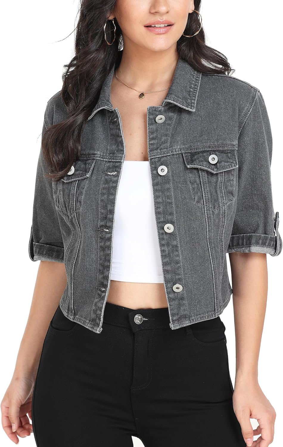 MISS MOLY Women's Cropped Denim Jackets Summer Short Sleeve Classic Casual Jean Jackets - Image 3