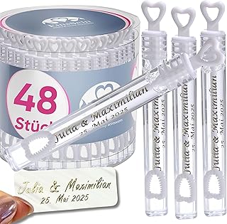EinsSein personalisierte Seifenblasen Hochzeit Herzgläschen Weiss 48 Stück | Seifenblasen mit Aufkleber als Gastgeschenke auch für die Taufe Geburtstag Party | Hochzeitsseifenblasen | Wedding Bubbles