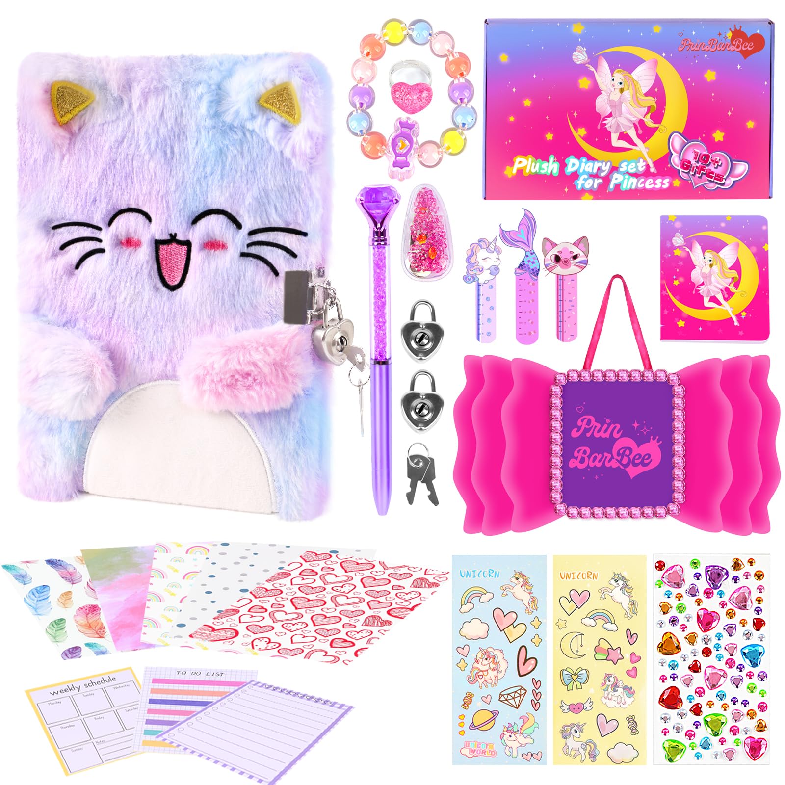 Cat Diary for Girls with Lock and Key,Fluffy Secret Notebook for Writing and Drawing,Plush Journal for Girls with 160 Lined Pages Multicolored Pen Stickers,Birthday Gift for Kids Ages 4-12