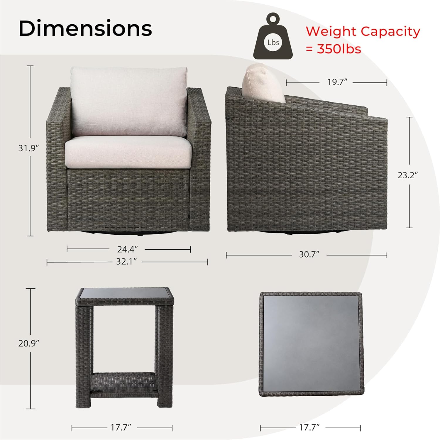 CHITA 3 Pieces Wicker Patio Bistro Set, Outdoor Furniture Set with 2 Pieces Rattan Swivel Chairs, Thickened Cushions and Side Table, Beige Cushions with Grey Wicker