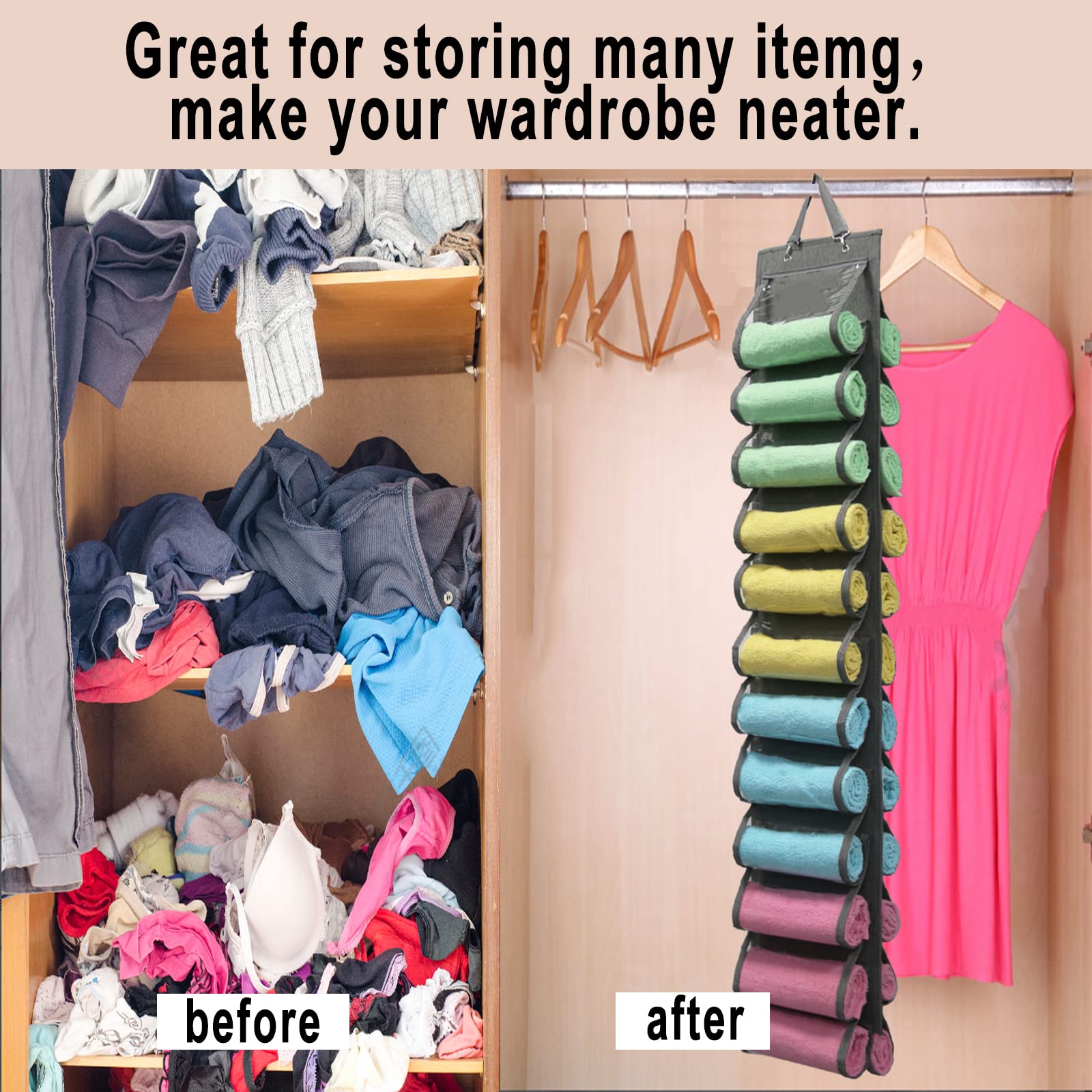 Organiseur Suspendu 26 Poches Pour Leggings, Jeans, T-shirts - Tissu Oxford Et Mesh - Gris Ou Blanc - 3