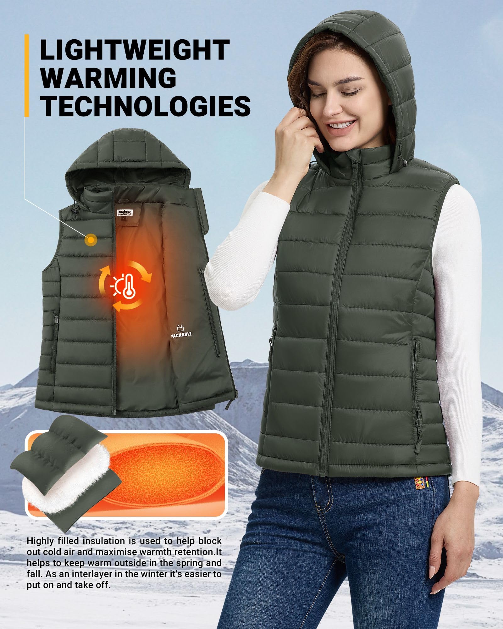 Outdoor Ventures Gilet matelassé à capuche pour femme - Gilet de transition pliable - Veste de sport hybride doublée - Gilet de cyclisme chaud avec col montant