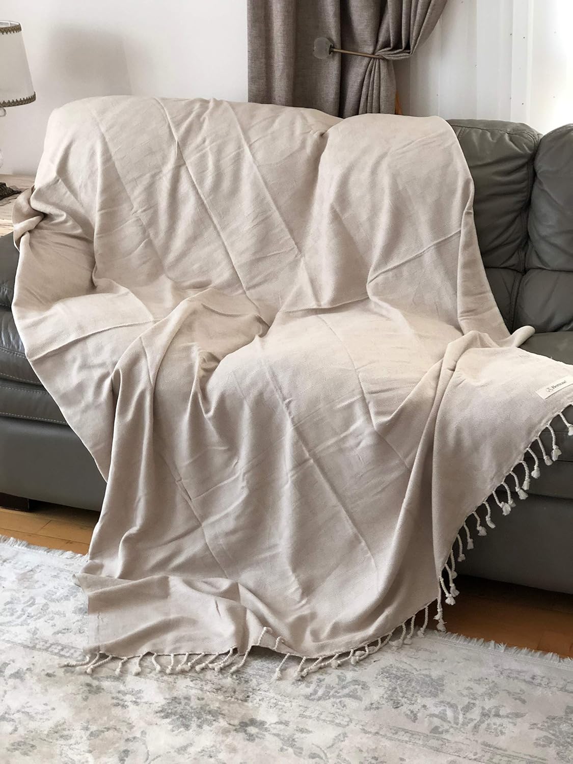Bersuse 100% Cotton Milas XL Throw Blanket for Couch - 100% Cotton Lightweight Durable Throw Blanket, Big Blanket for Sensitive Skin, Decorative and Versatile - 60x90 Inches, Beige