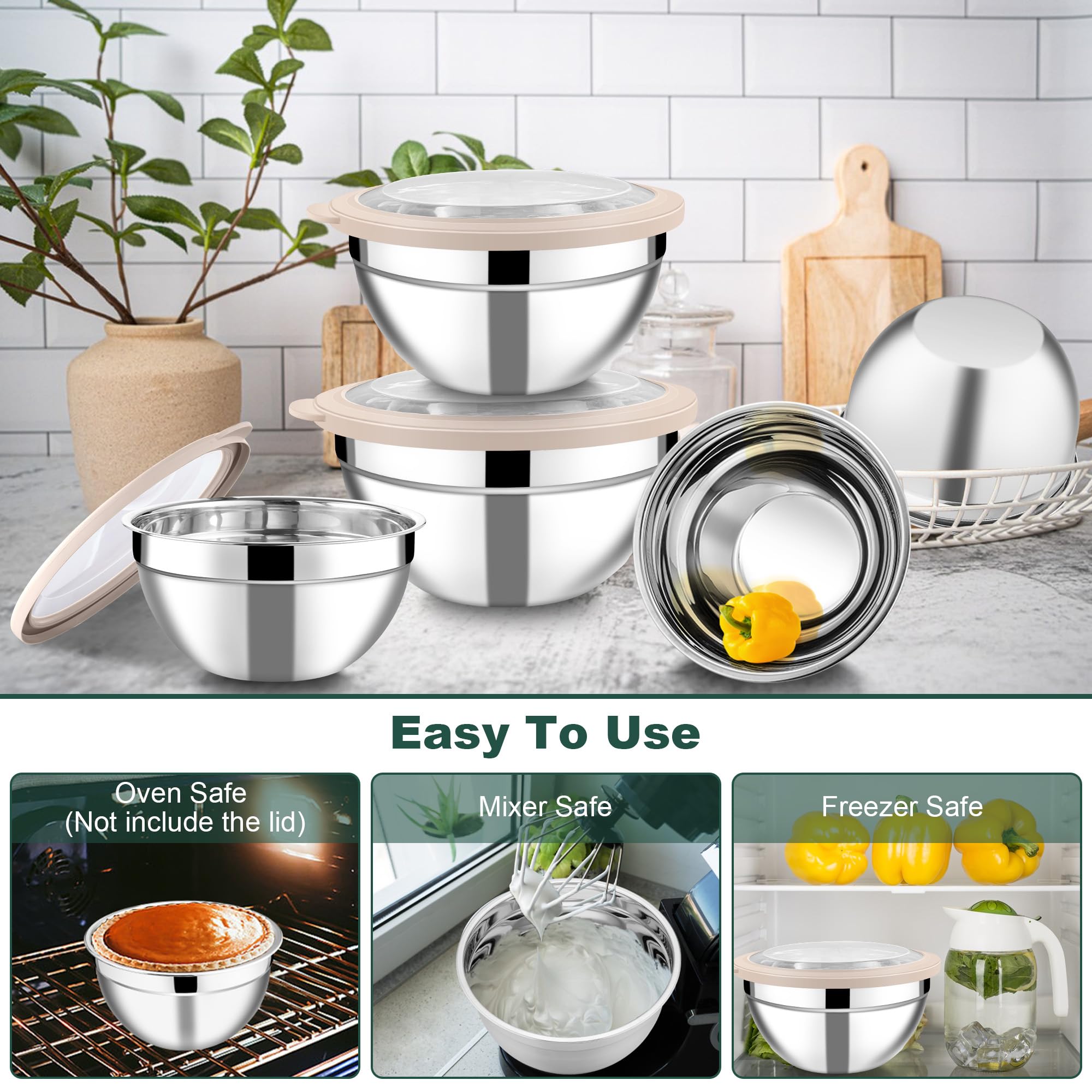 Joyfair Cuencos para mezclar, 5 cuencos de ensalada anidables de acero inoxidable con tapas transparentes herméticas, juego de cuencos de metal ideal para cocina, mezclar, hornear, servir, almacenar y