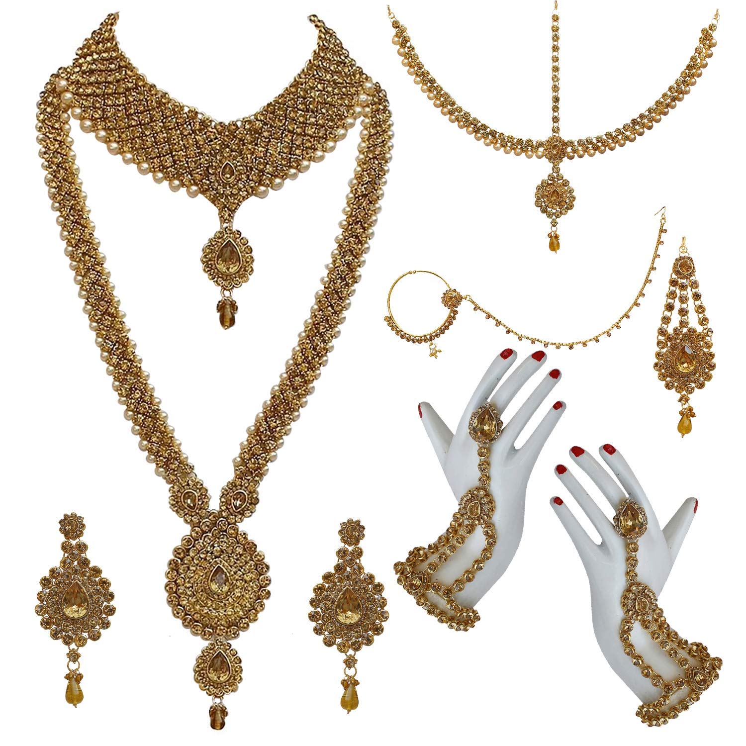 Lucky Jewellery Bridal Dulhan Designer 18k Gold Plated Gold Color Pearl Stone Set 9 pcs. for Women & Girls (3630-IZS-1611-LCT) (B07GFBXB3L) Amazon Price History, Amazon Price Tracker