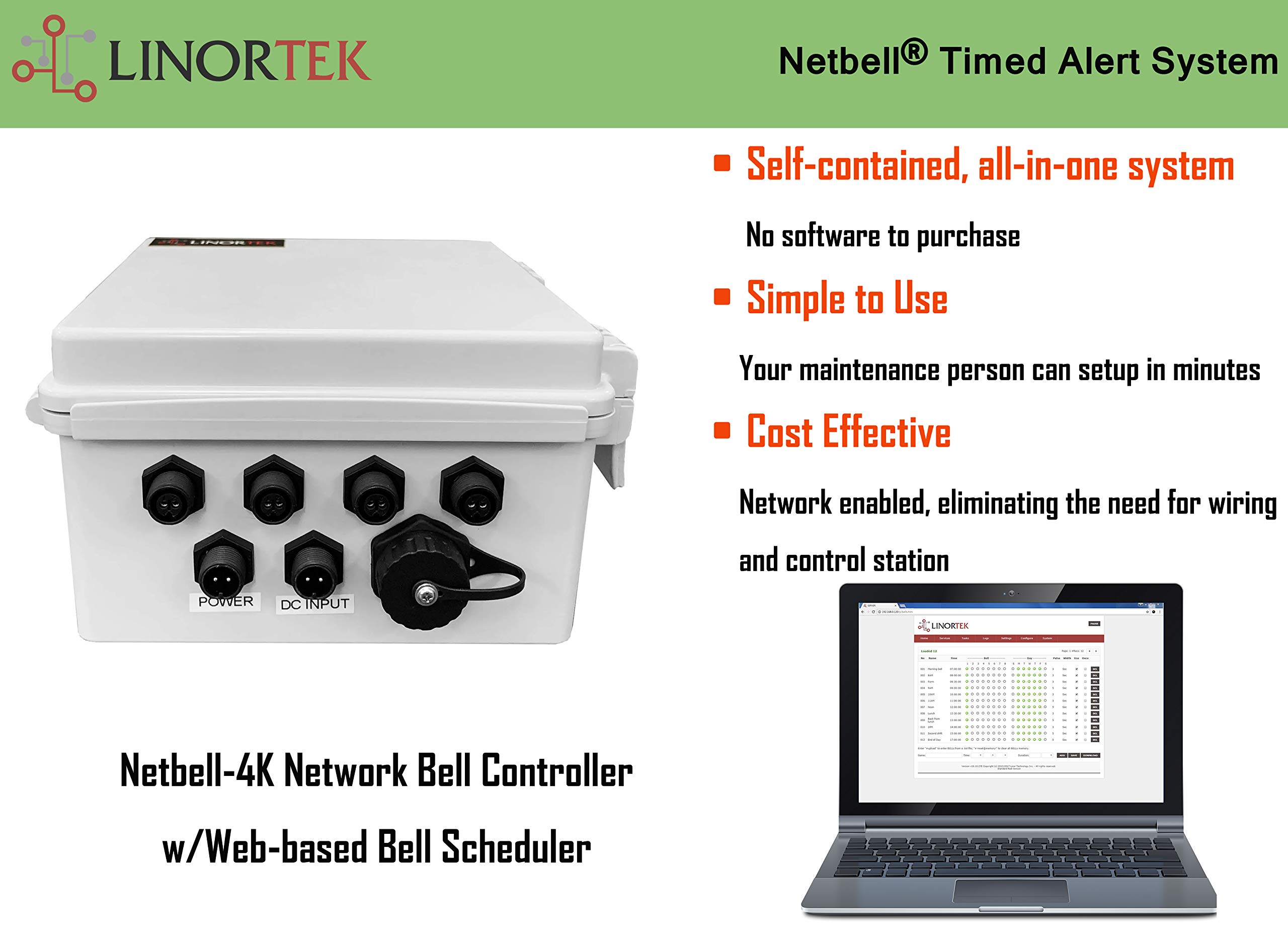 Netbell-4K-C TCP/IP Network 4 Zone Break Bell Timer Web-Based Bell Controller Software with One 4” Digital Clock