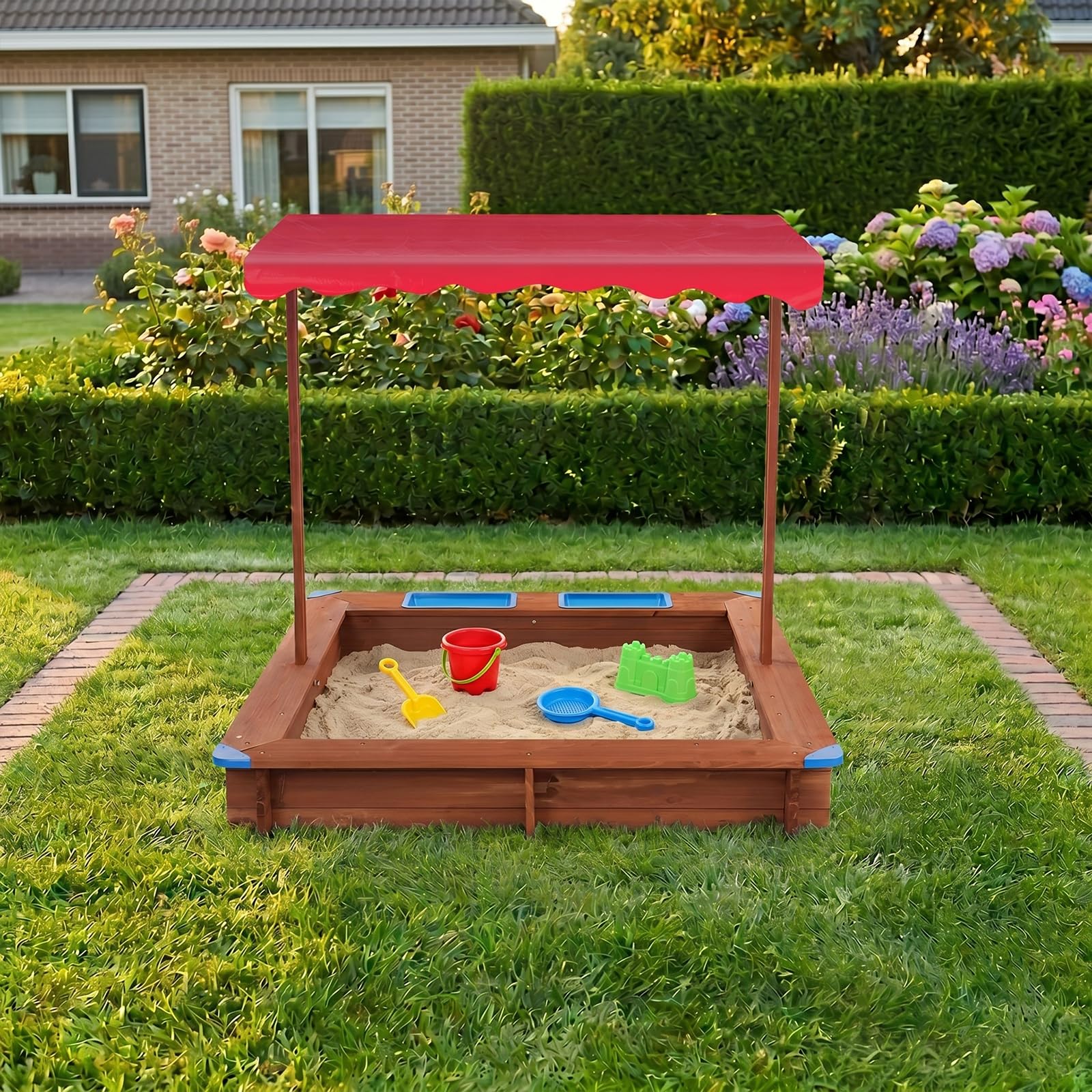 Sandkasten aus Massivholz,Tragfähigkeit Etwa 100kg,3-14 Jahre alt,Rot | Holzsandkasten Mit Abdeckung,126*121*118cm,für Hinterhöfe, Gärten, Terrassen, Strände oder Spielplätze im Freien