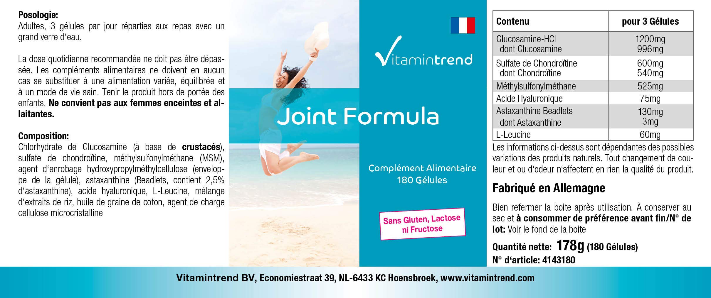 Vitamintrend Joint Formula Gélules pour les articulations, 180 gélules, avec glucosamine, chondroïtine, MSM, acide hyaluronique et astaxanthine, complément alimentaire, fabriqué en Allemagne