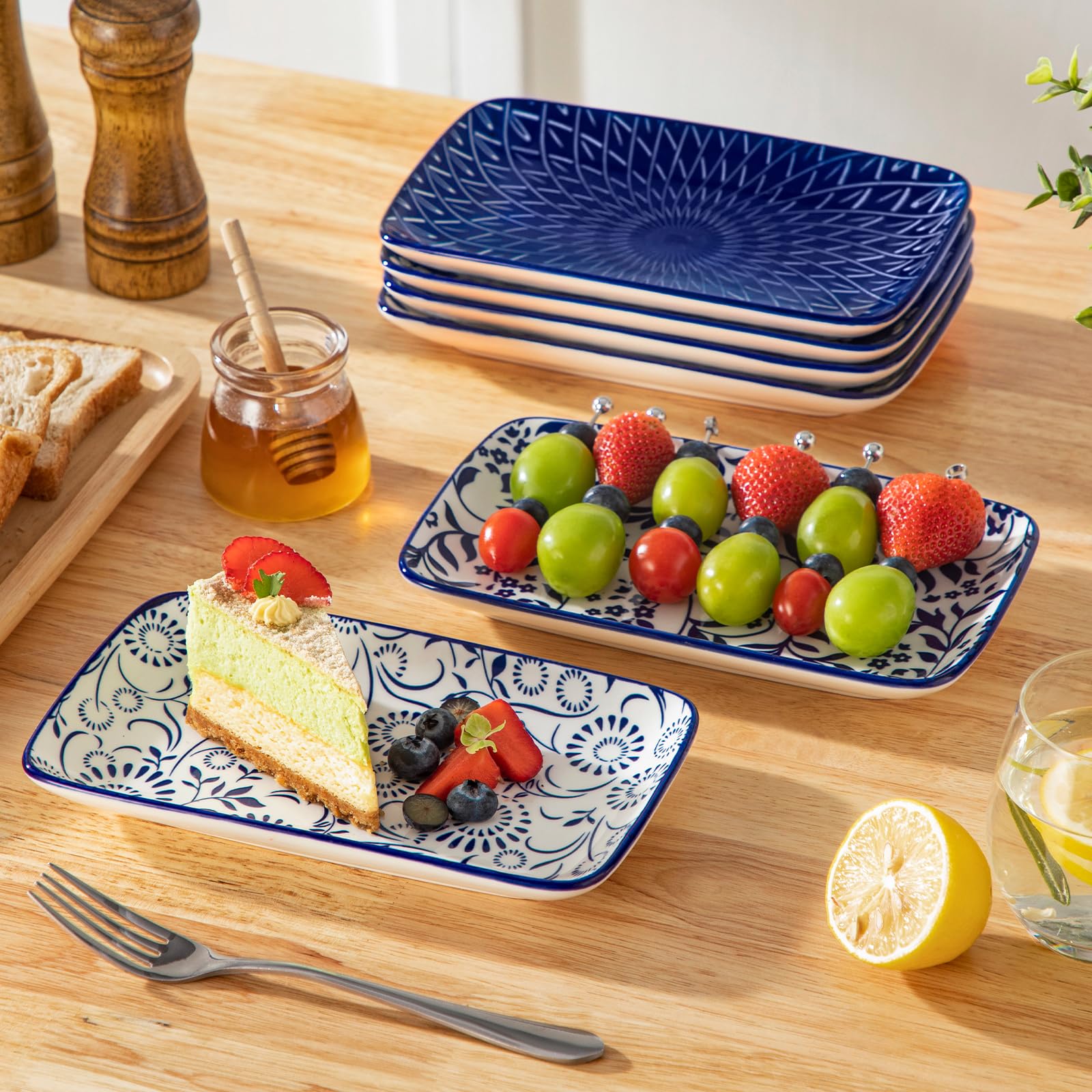 vancasso SELENE Juego de 6 Platos Pequeños para Servir - 22 x 13 cm Platos Rectangulares Para Postres, Sushi, Aperitivos - Apto para Microondas - Estilo A Azul y Blanco Chino