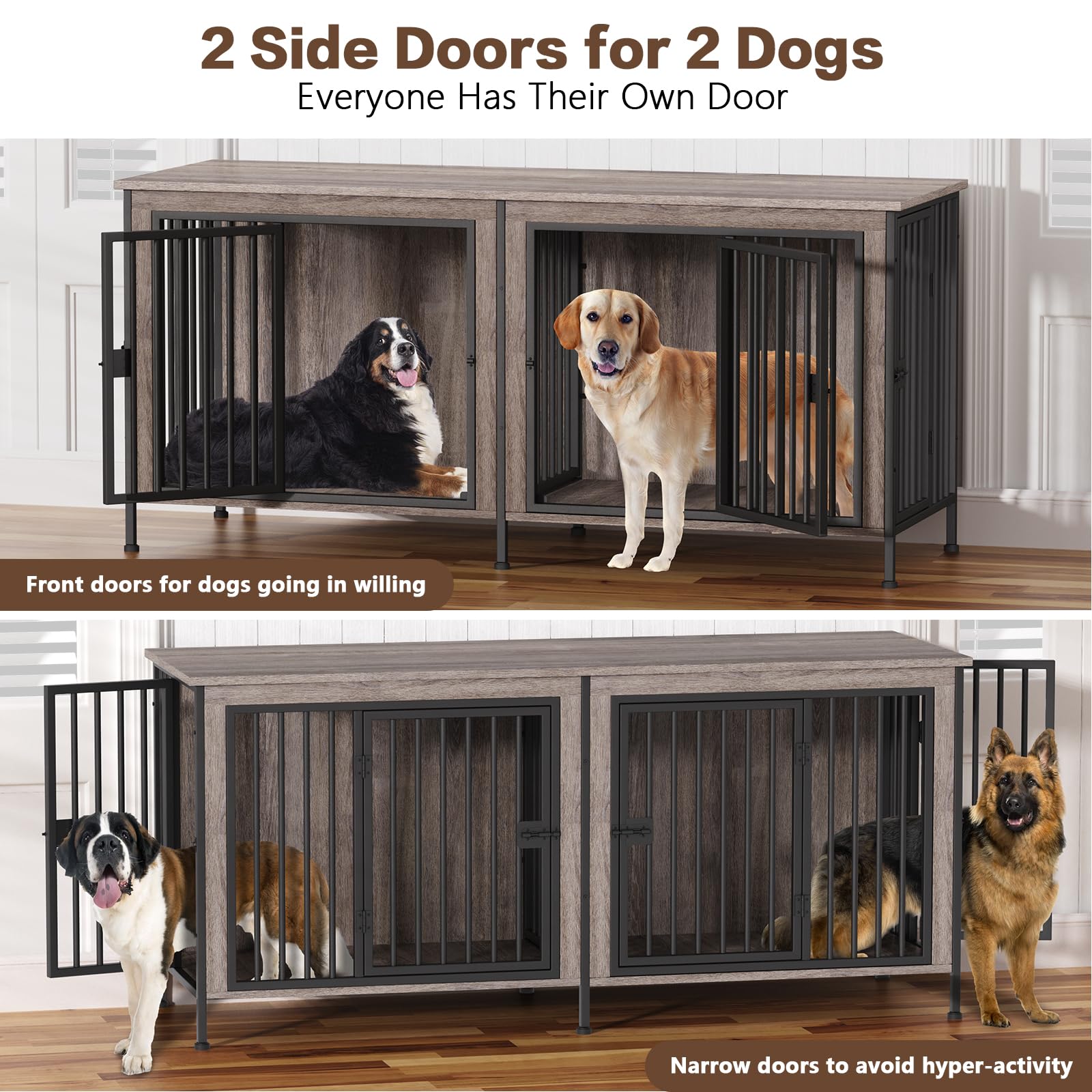 EasyCom Dog Crate Furniture for 1 or 2 Dogs, Heavy Duty Single/Double Dog Crates for Small/Medium/Large Dogs, Dog Kennel Furniture Indoor as TV Stand, Large Size 78.74" L(35-60 Pounds), Oak Grey - 3