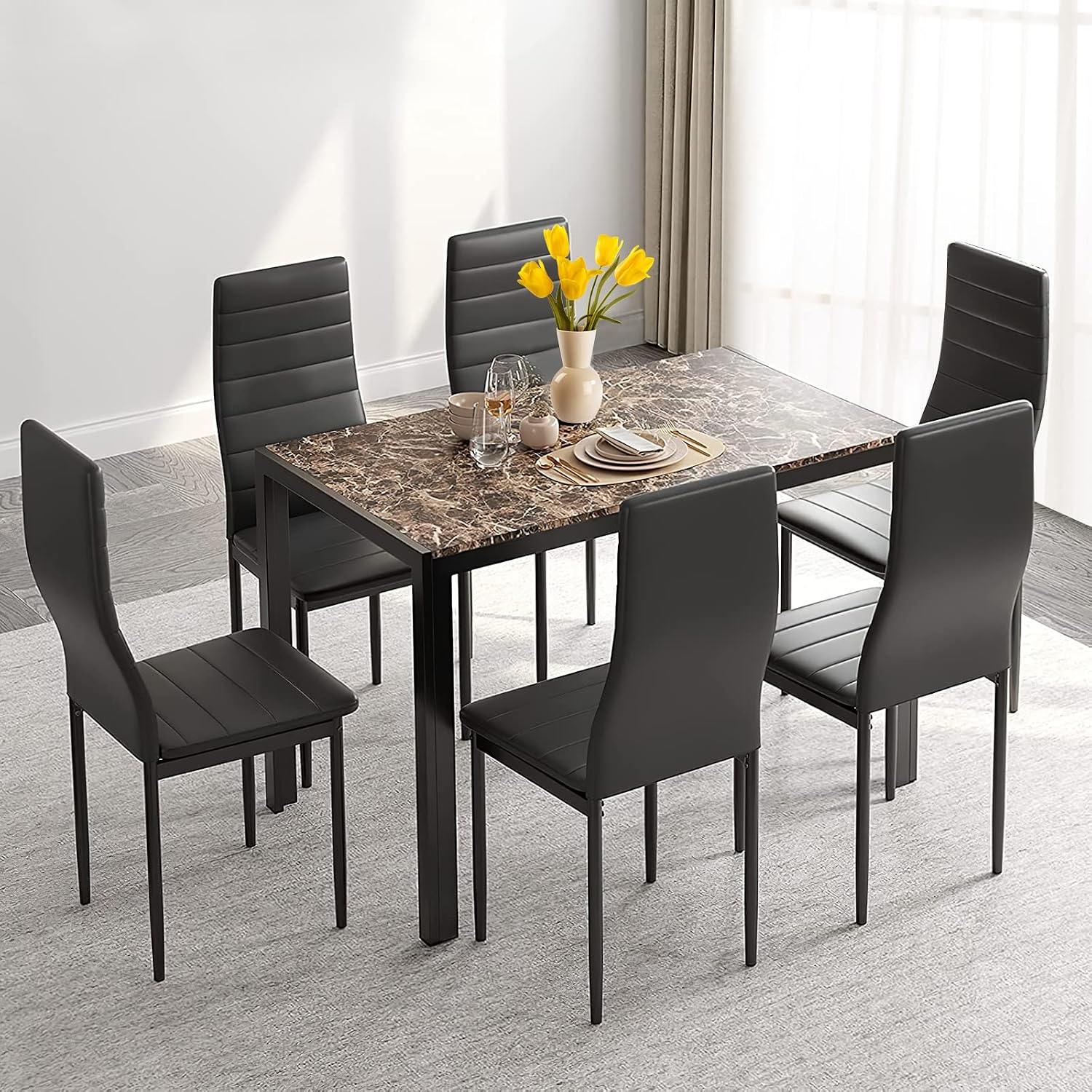 BAHOM Kitchen Dining Table Set, Glass Table and PU Leather Chairs Set for Breakfast (Grey, 7 Piece)