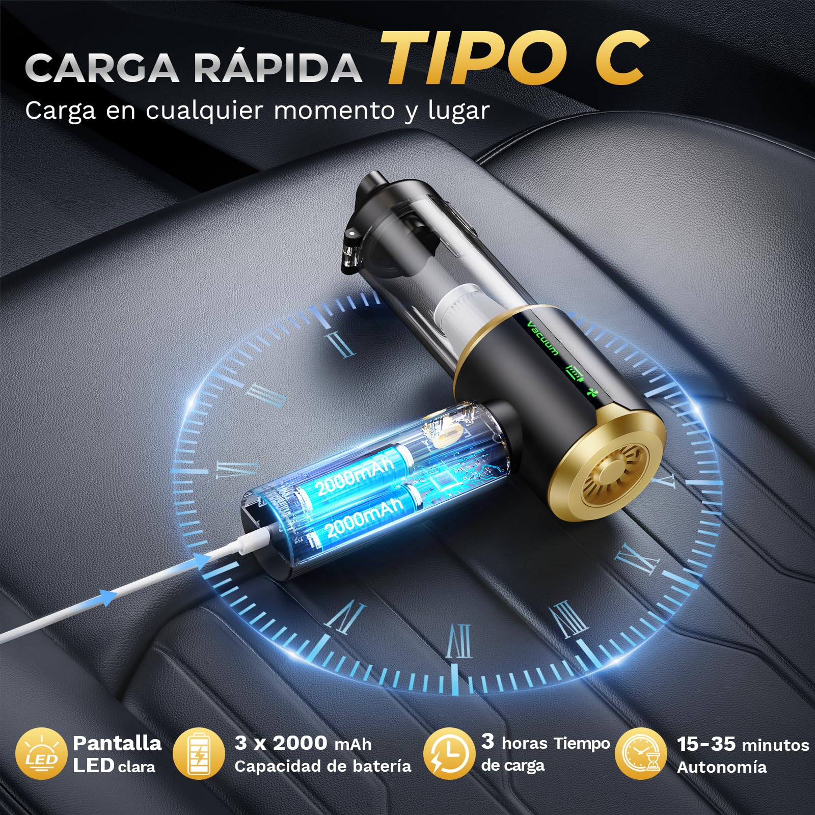 Famgoods Aspiradora de Mano 25000 Pa, Aspiradora Coche Inalámbrica 4 en 1, 3 Niveles y Pantalla LED, Batería 6000mAh Aspiradora Coche Potente, Mini Aspiradora Portátil para Hogar, Coche, Oficina
