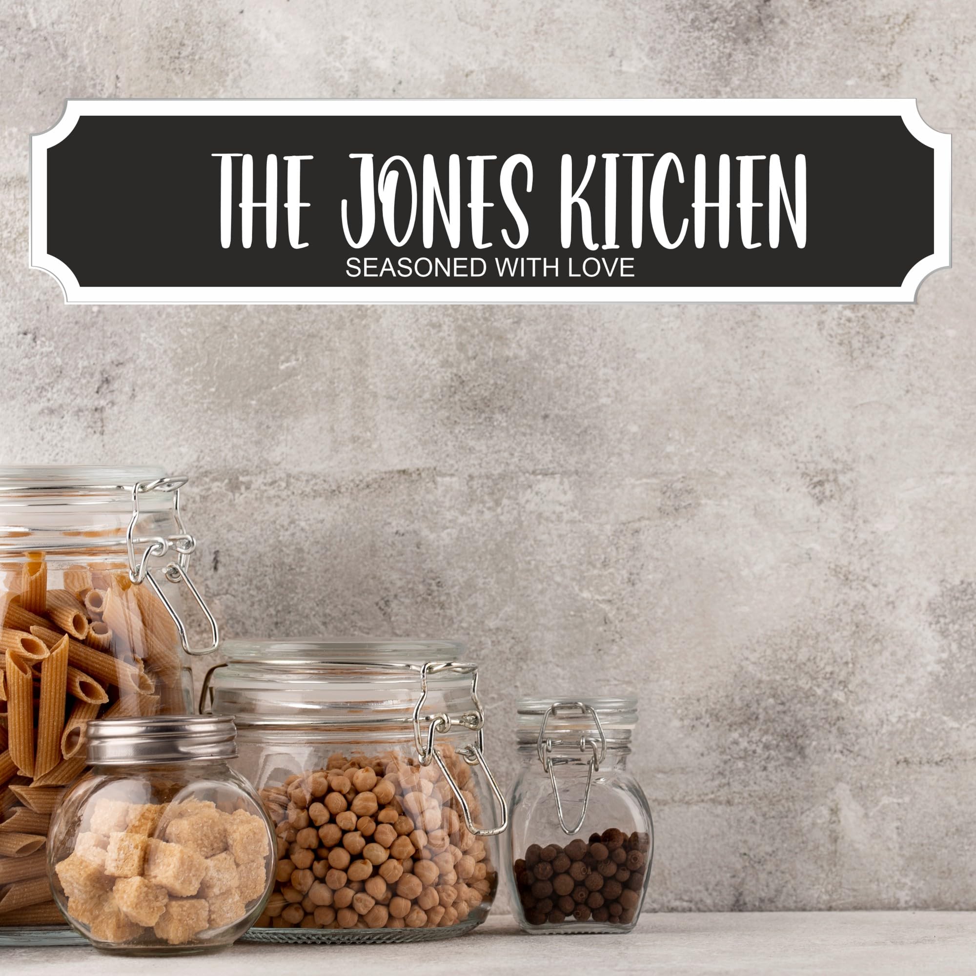 Personalised Street Sign Plaque – Custom Family Surname Kitchen | Seasoned With Love | Home Décor Gift Customised Family Kitchen Street Sign (Black, Acrylic Medium: 39cm x 8.5cm)