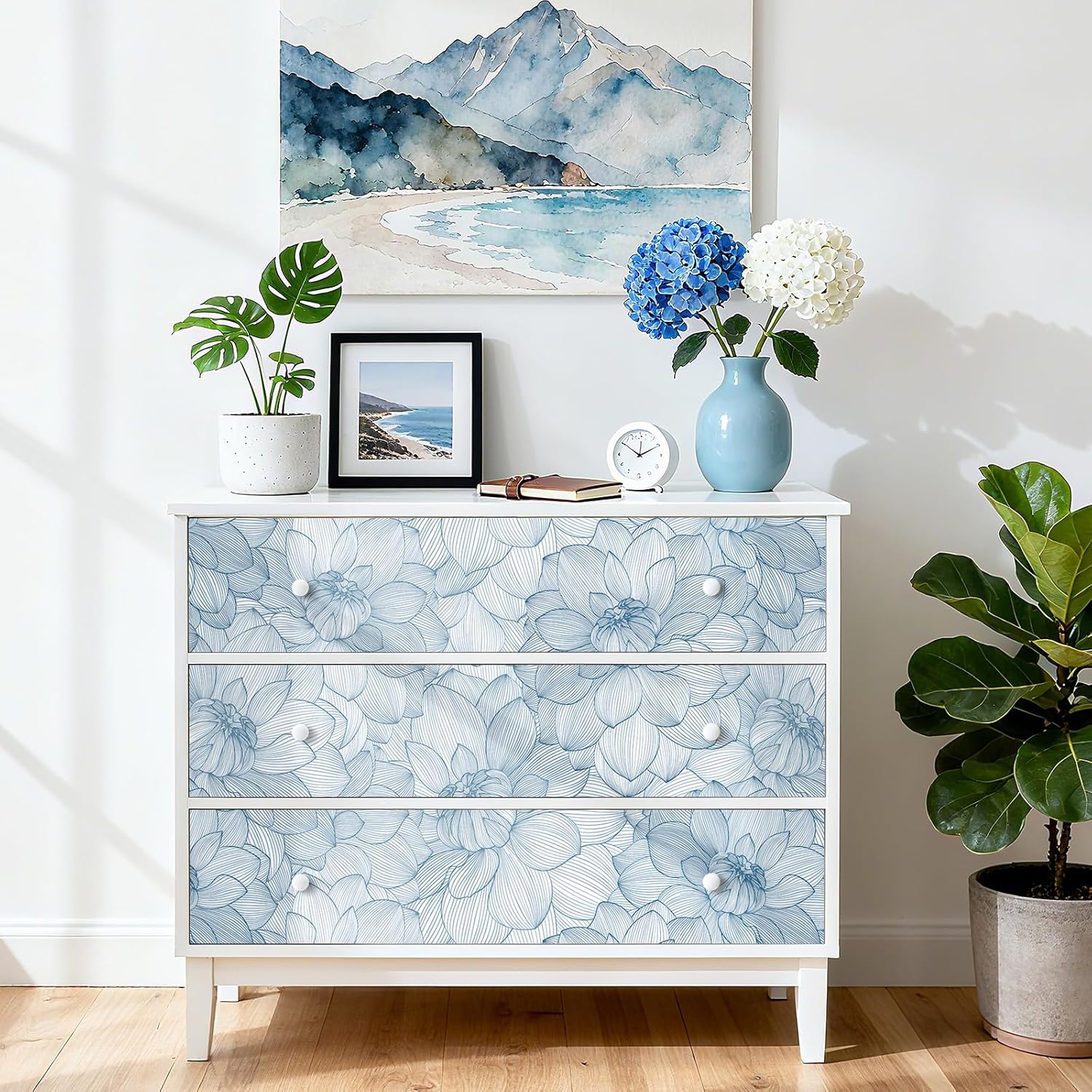 FunStick Light Blue Floral Wallpaper Peel and Stick Modern Minimalist Peony Flower Wall Paper Blue and White Floral Contact Paper for Cabinets Waterproof Removable Wallpaper for Bedroom Bathroom Walls