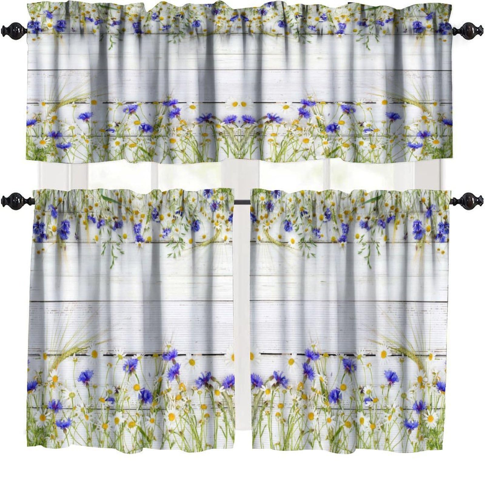 BenYaSong Spring Summer Wildflower Leaves Curtain Valances for Windows Sage Green Leaf Woodland Kitchen for Home Kitchen Restaurant Decoration Window Drapes 54x18 Inch + 27x24 Inch X 2