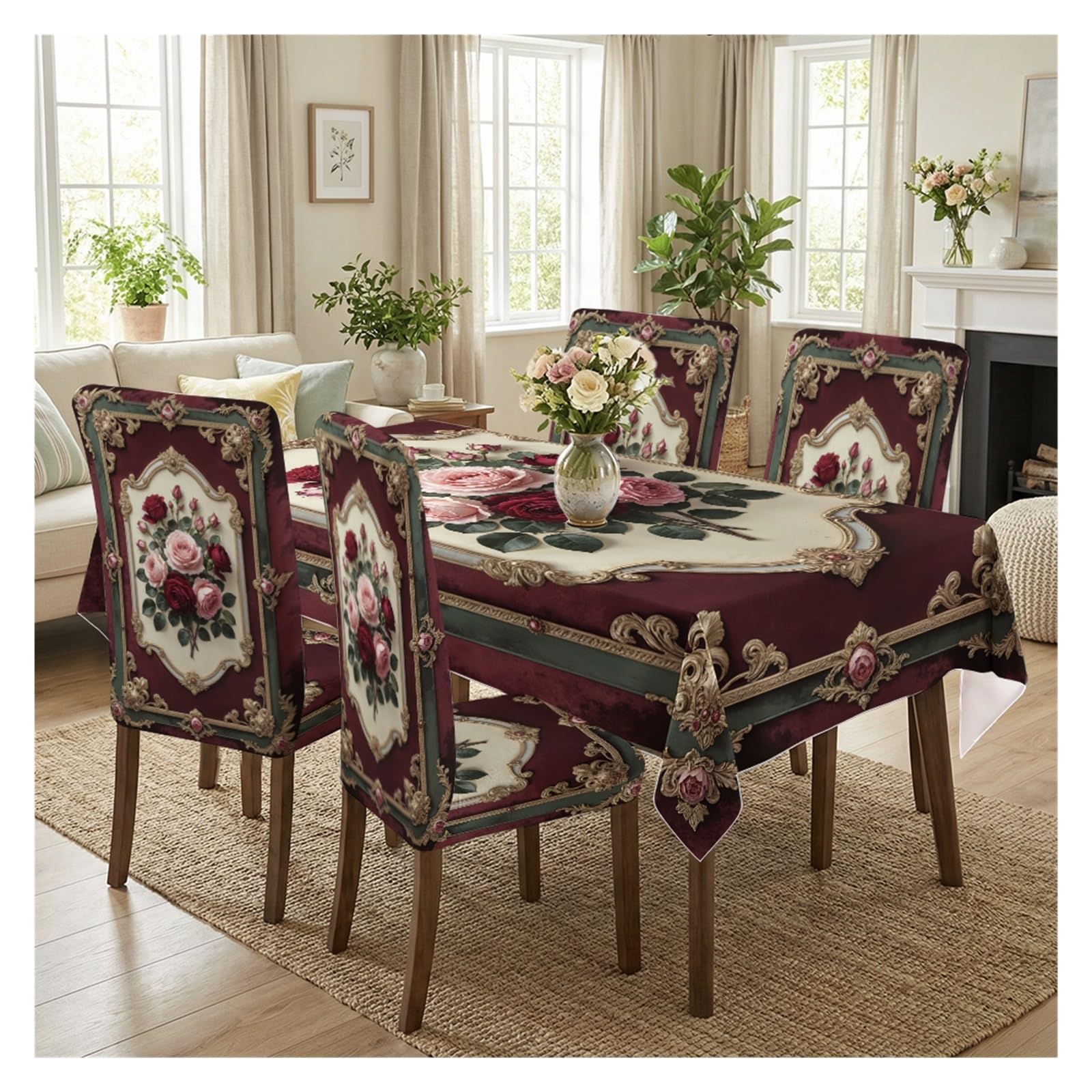 BOSUYBN Vintage Victorian Red Pink Rose Baroque Frame Dining Tablecloth & Chair Covers Set, 5/7 Piece Royal Luxury Elegant Farmhouse Dining Decor Table Setting(5pcs Set: Tablecloth+Chair Covers)