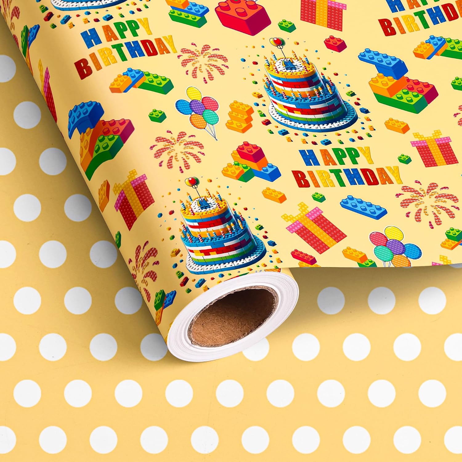 Altarho Building Block Birthday Wrapping Paper Roll - Unique Gift Wrapping Paper Boy Birthday Cake Balloon for Baby Shower Total 28.5sq.ft