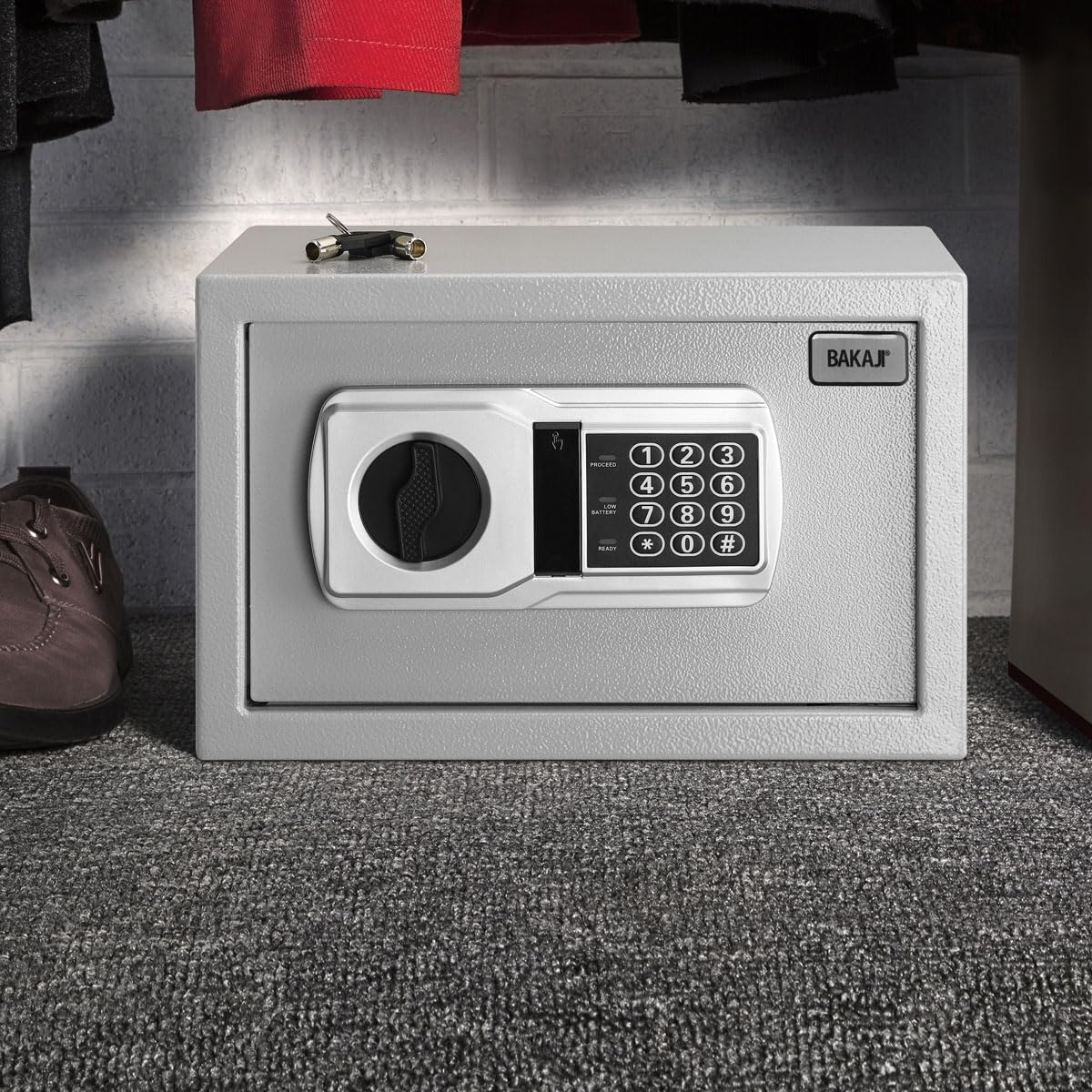 BAKAJI Coffre-fort électronique de sécurité avec boîte de batterie externe, boîte à valeurs et documents anti-effraction pour maison, hôtel, installation murale ou indépendante, 31 x 20 x 20 cm (gris)