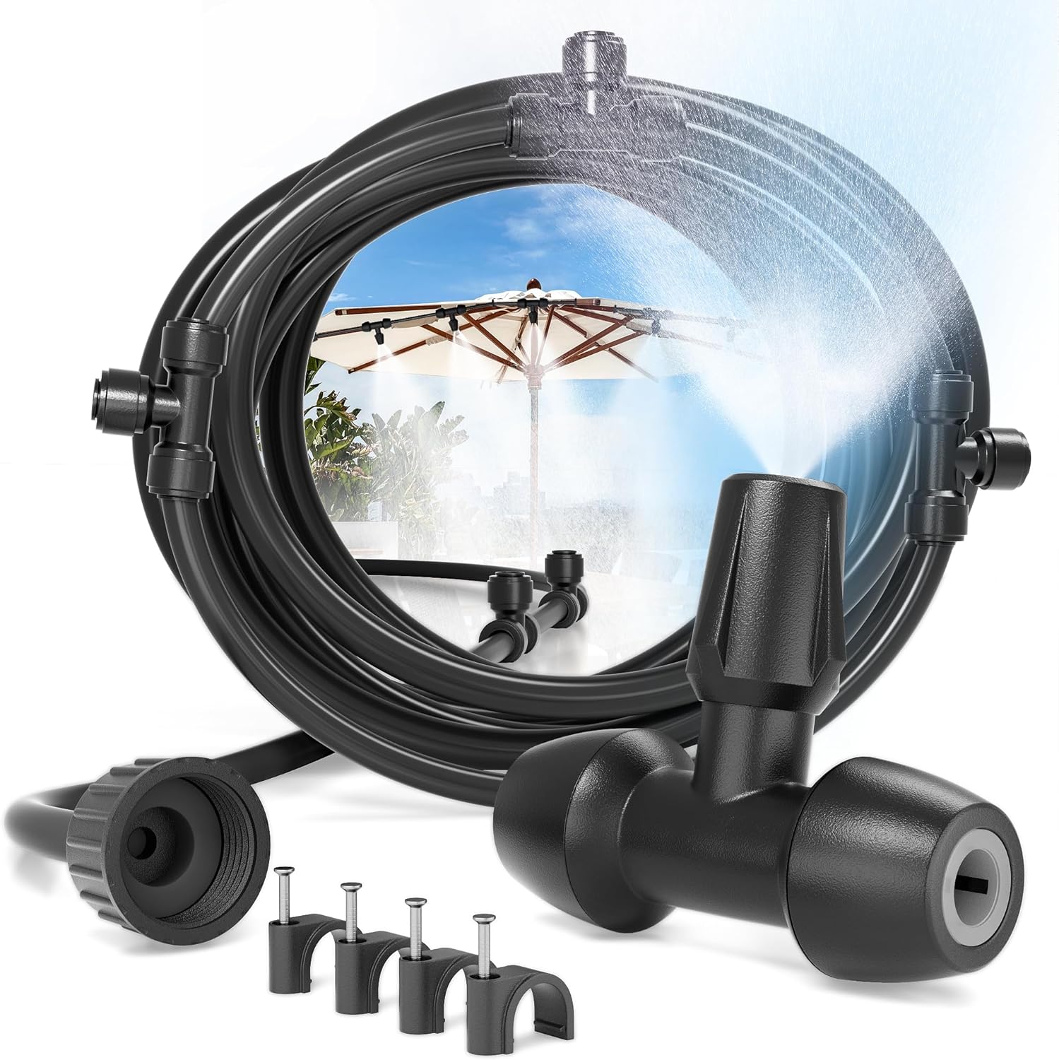 Outdoor Misting System Patio Cooling Kit 75FT Patio Misters with Mist Hose Nozzles Water Mister Cooling System for Backyard Garden Deck Pergola Gazebo Greenhouse Chicken Coop Dog Kennel