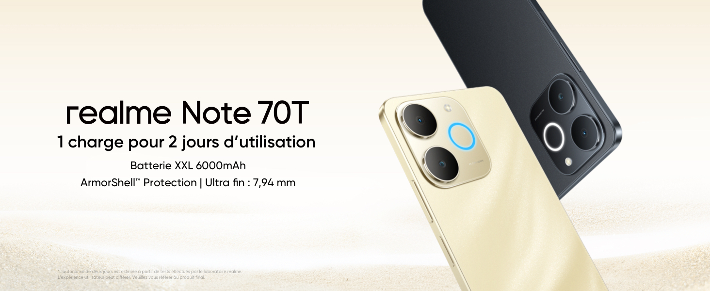 Smartphone Realme Note 70T – 4+128 Go, Batterie 6000 MAh, écran 6.75" 90Hz, IP54, Chipset T7250
