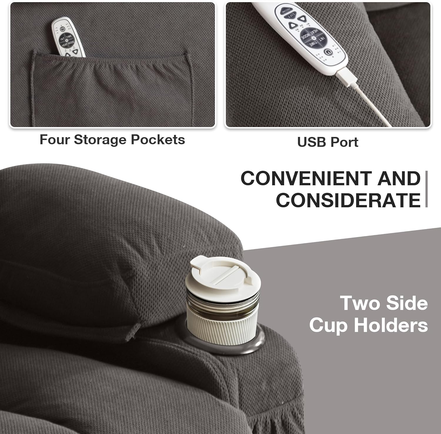 Power Lift Recliner Chair with Heat and Massage, Electric Recliner Sofa with Side Pocket & USB Charge Port, Recliner Chairs for Adults, Easy Remote Control (Grey)