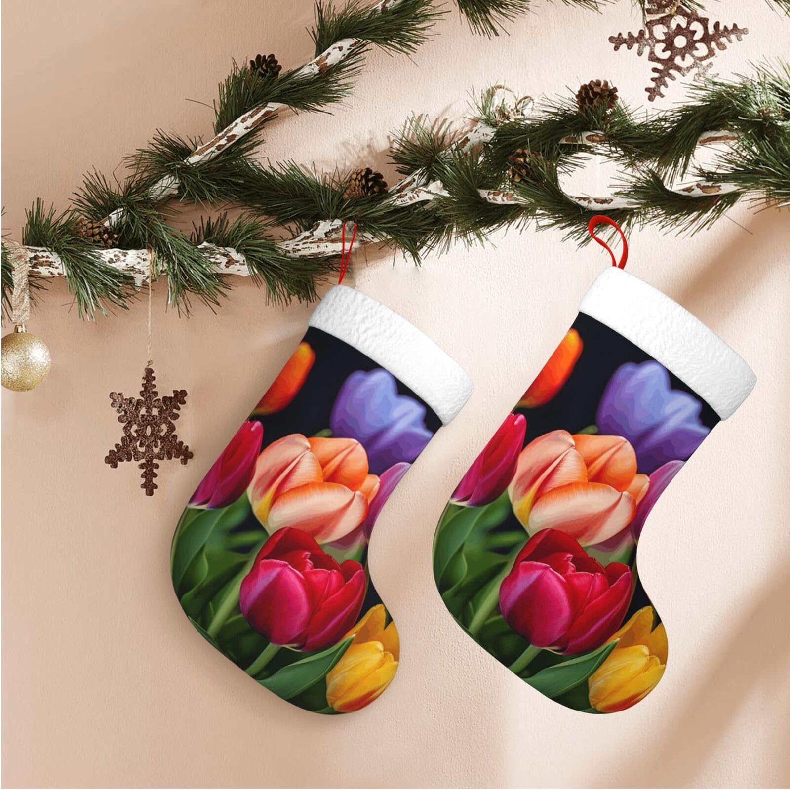 Flower Christmas Stockings Velvet Xmas Fireplace Hanging Stocking with Plush Cuff Rustic Christmas Santa Stockings for Home Christmas Decorations Party Favor Supplies