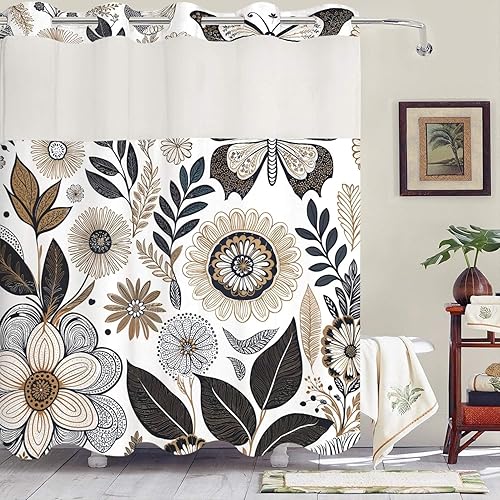 Miniatura 2 de Yeoiat Juego de cortina de ducha con diseño botánico bohemio sin gancho y forro de tela a presión, diseño botánico blanco, cortina de ducha blanco1