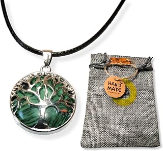 Collar de Piedras Energéticas con Colgante Árbol de la Vida | Piedras Semipreciosas Naturales. Amatista, Malaquita y Turquesa Blanca. Joyería Espiritual para Regalo (MALAQUITA)