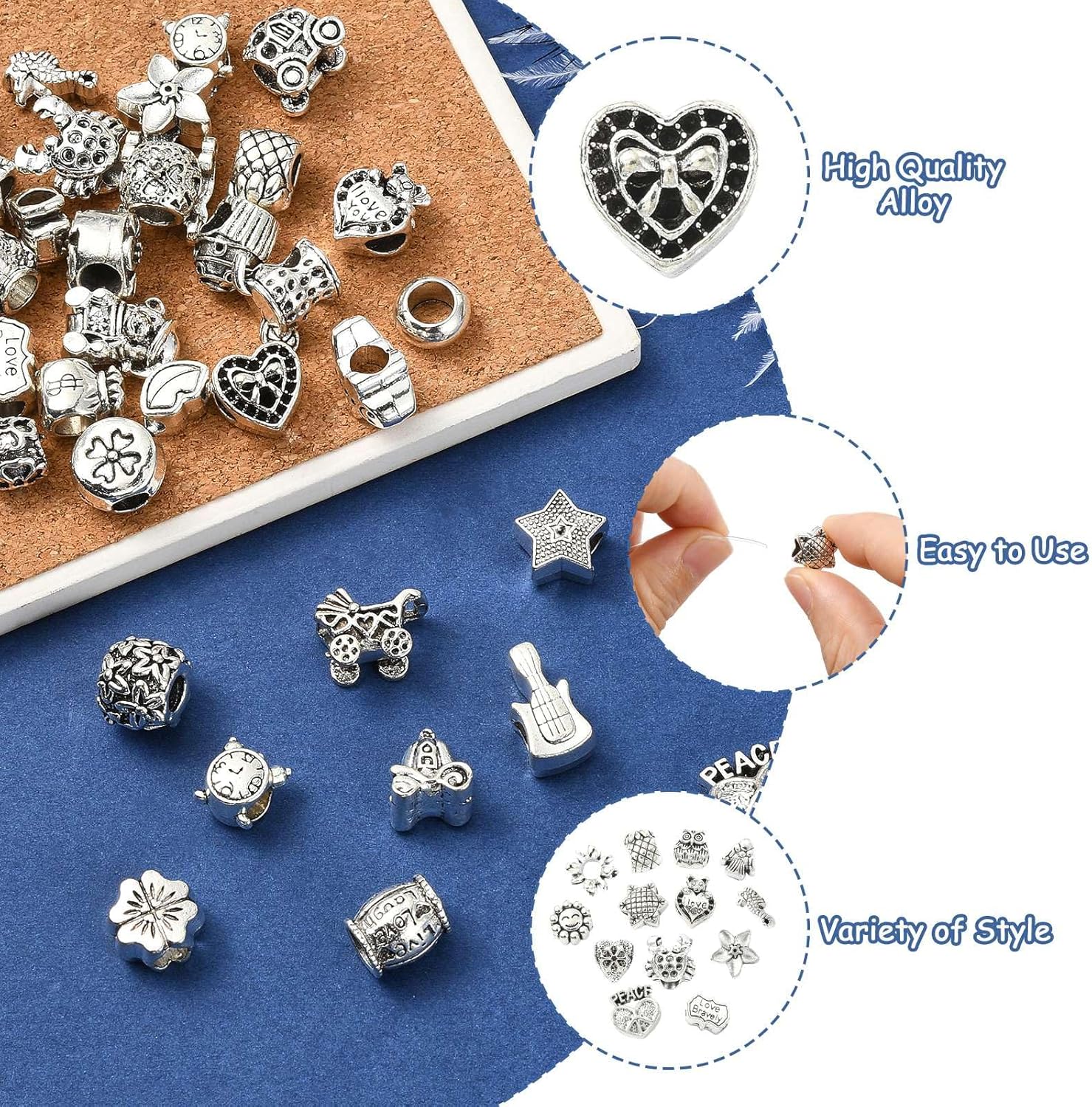 DanLingJewelry 40Pcs Mixed Tibetan Style European Beads Large Hole Spacer Antique Silver Metal Beads for European Bracelets Jewelry Making - Image 3